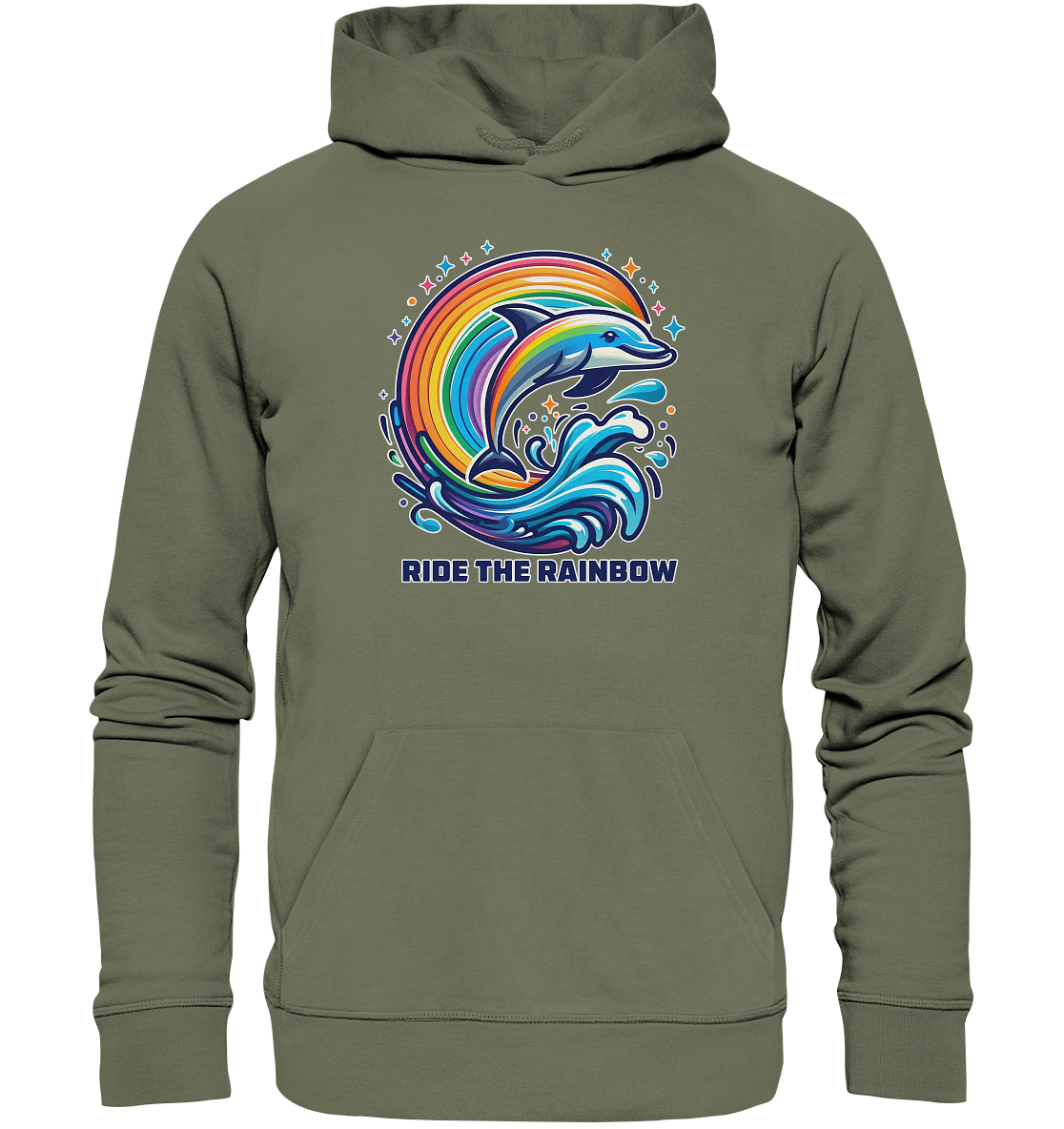Colorful dolphin jumping through rainbow waves on unisex hoodie.