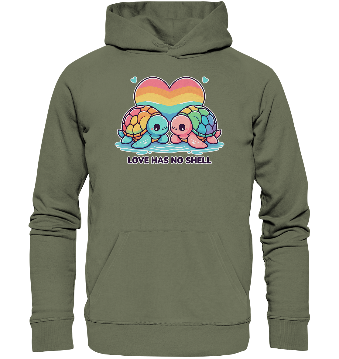 Premium unisex hoodie with rainbow turtles and "Love Has No Shell" design, promoting love and diversity.