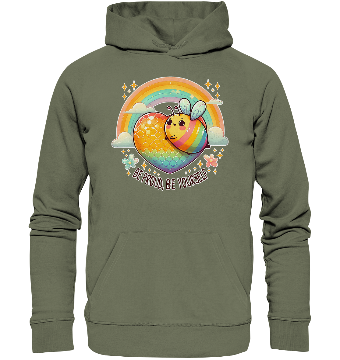 Unisex hoodie featuring a rainbow-striped bee within a colorful heart and rainbow, symbolizing love, acceptance, and individuality.