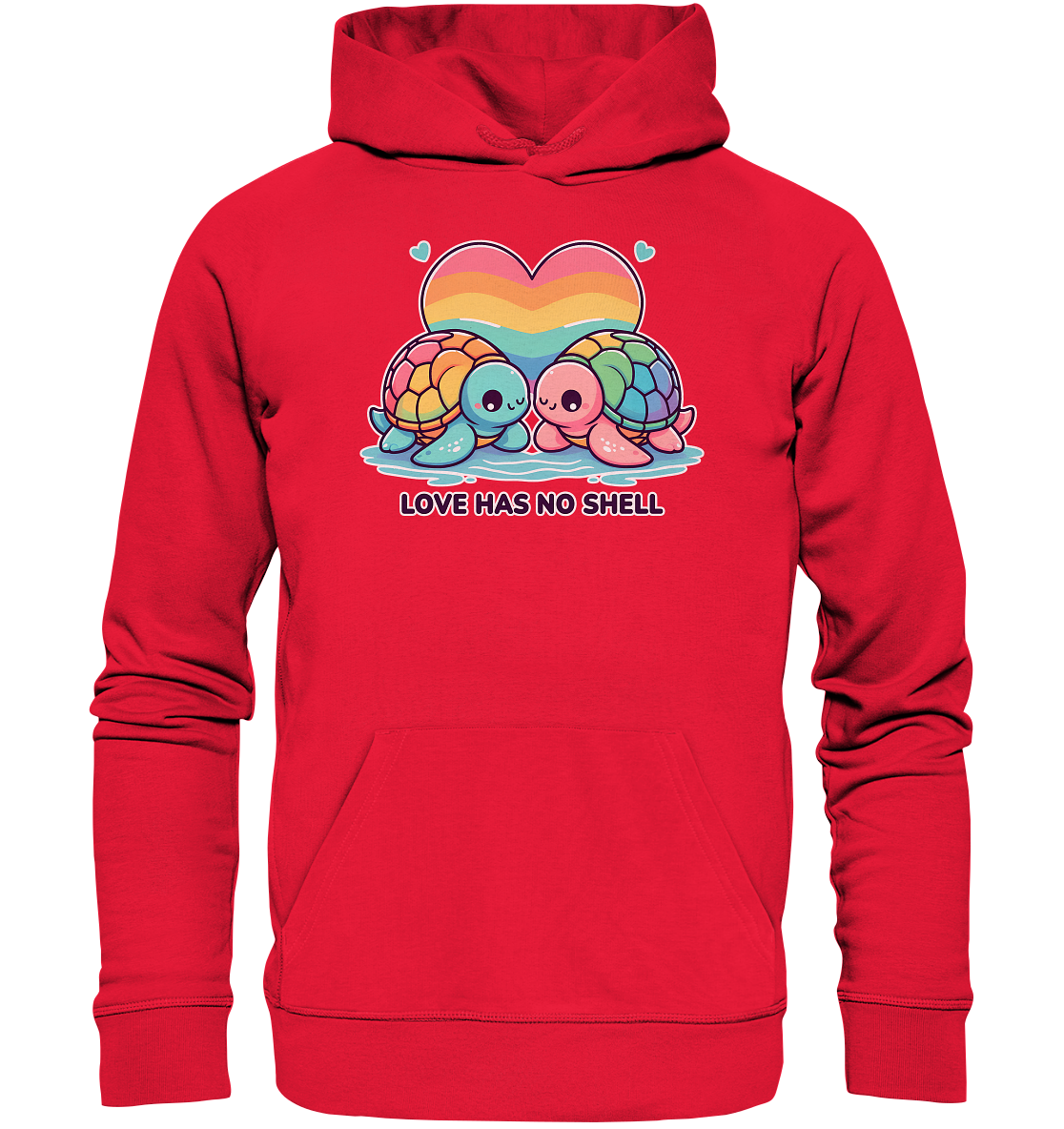 Rainbow turtle hoodie with "Love Has No Shell" design, symbolizing love, acceptance, and diversity.