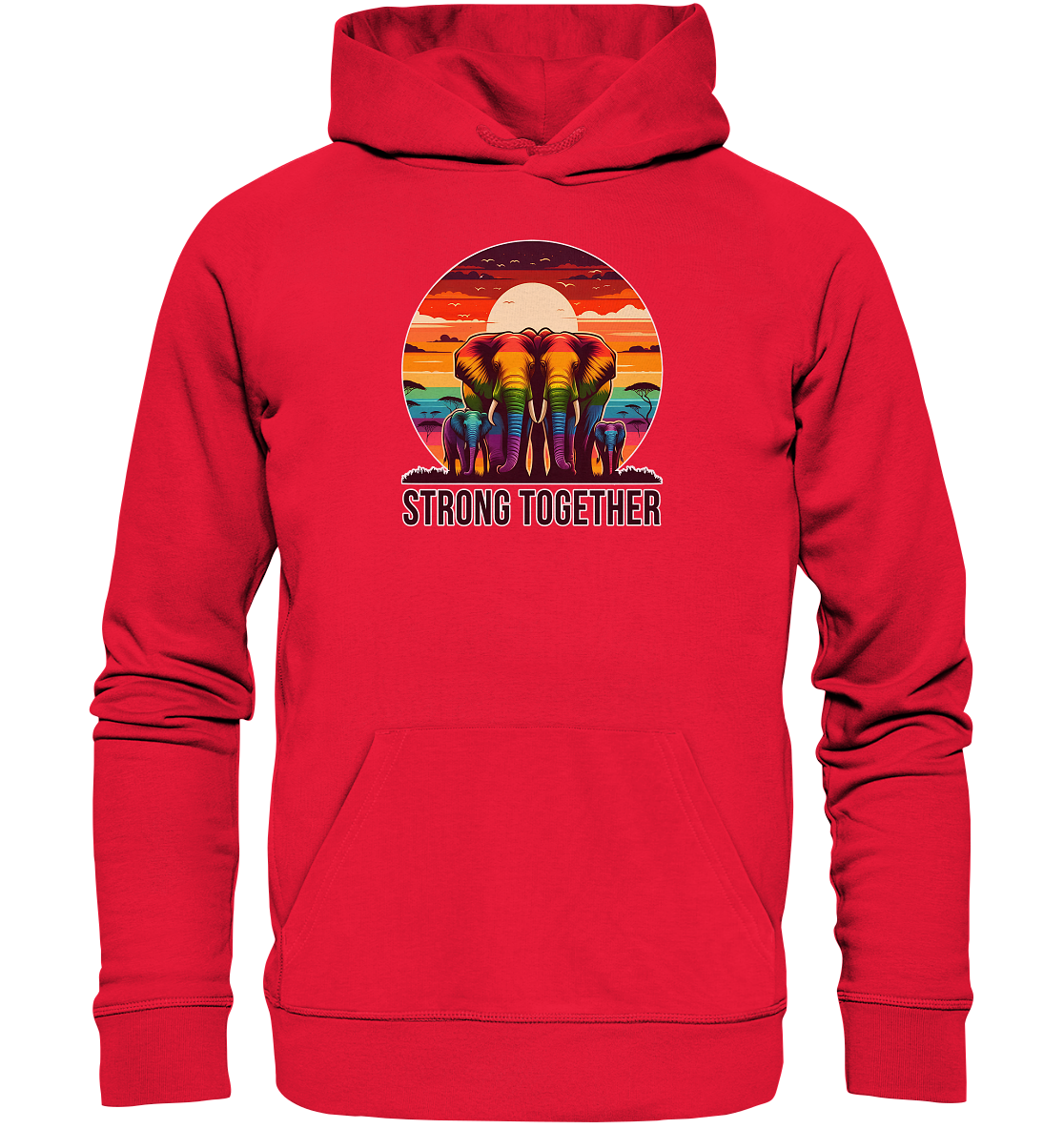 Rainbow elephants on sunset hoodie promoting strength and unity.
