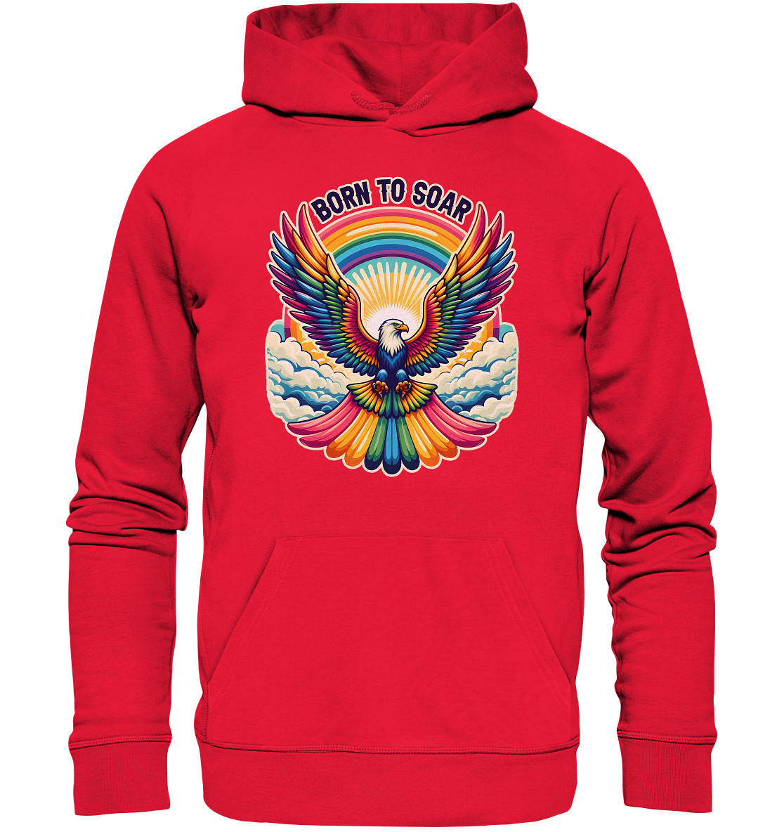 Majestic eagle with rainbow wings on "Born to Soar" unisex hoodie.