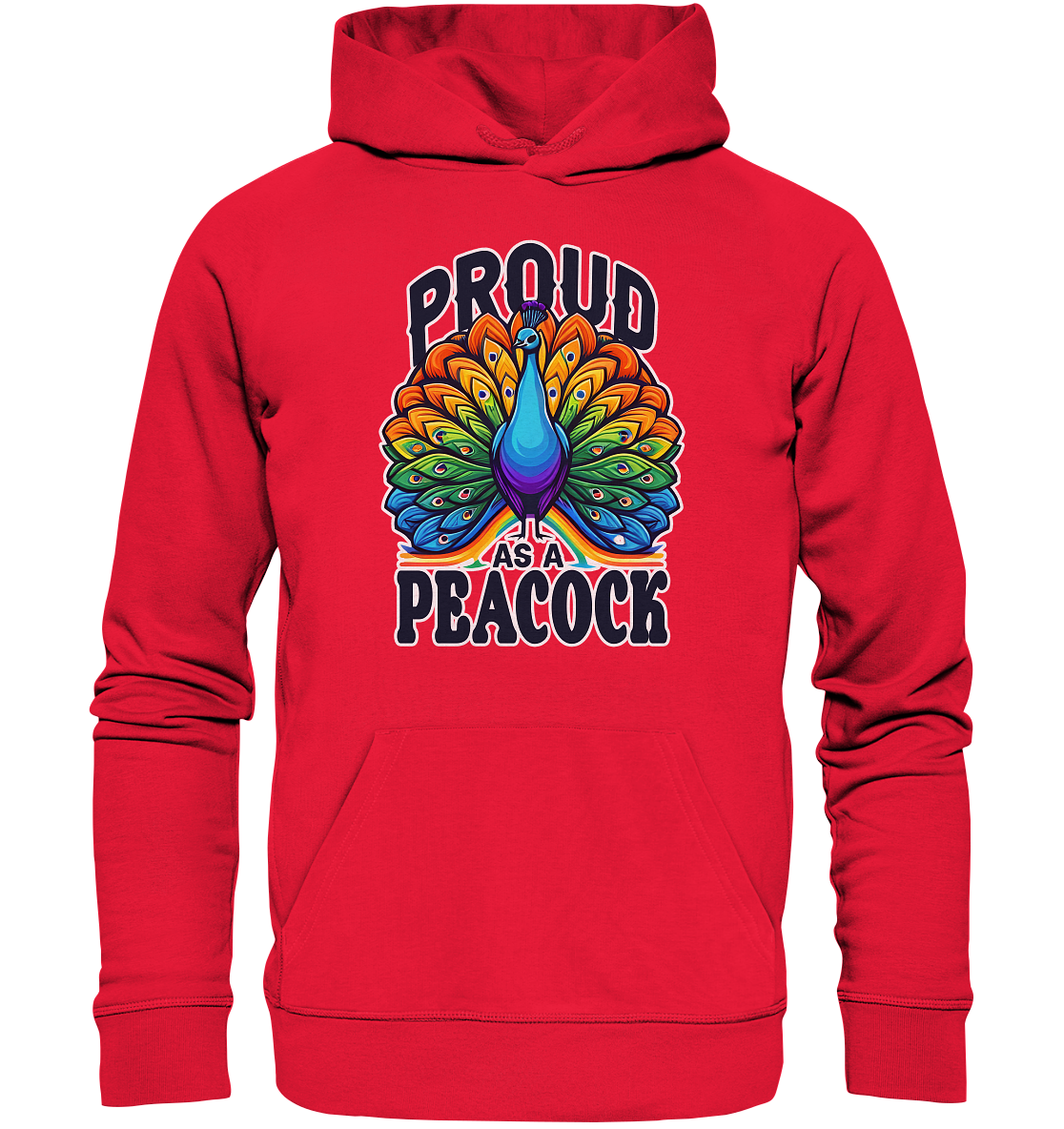 Unisex hoodie with vibrant rainbow peacock design and "Proud as a Peacock" message promoting pride and diversity.