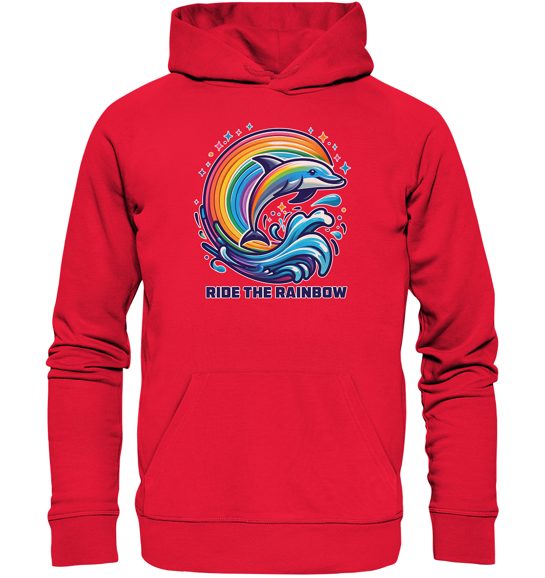 Colorful dolphin jumping in vibrant rainbow waves on a red unisex hoodie.