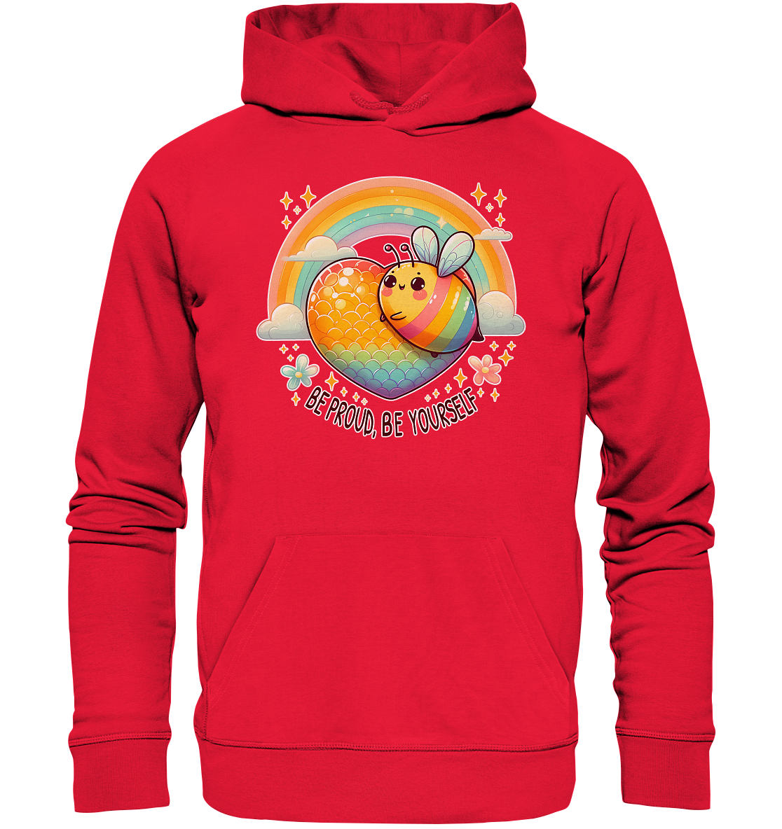 Premium red unisex hoodie featuring a rainbow-striped bee in a colorful heart with a vibrant rainbow background, symbolizing love and individuality.