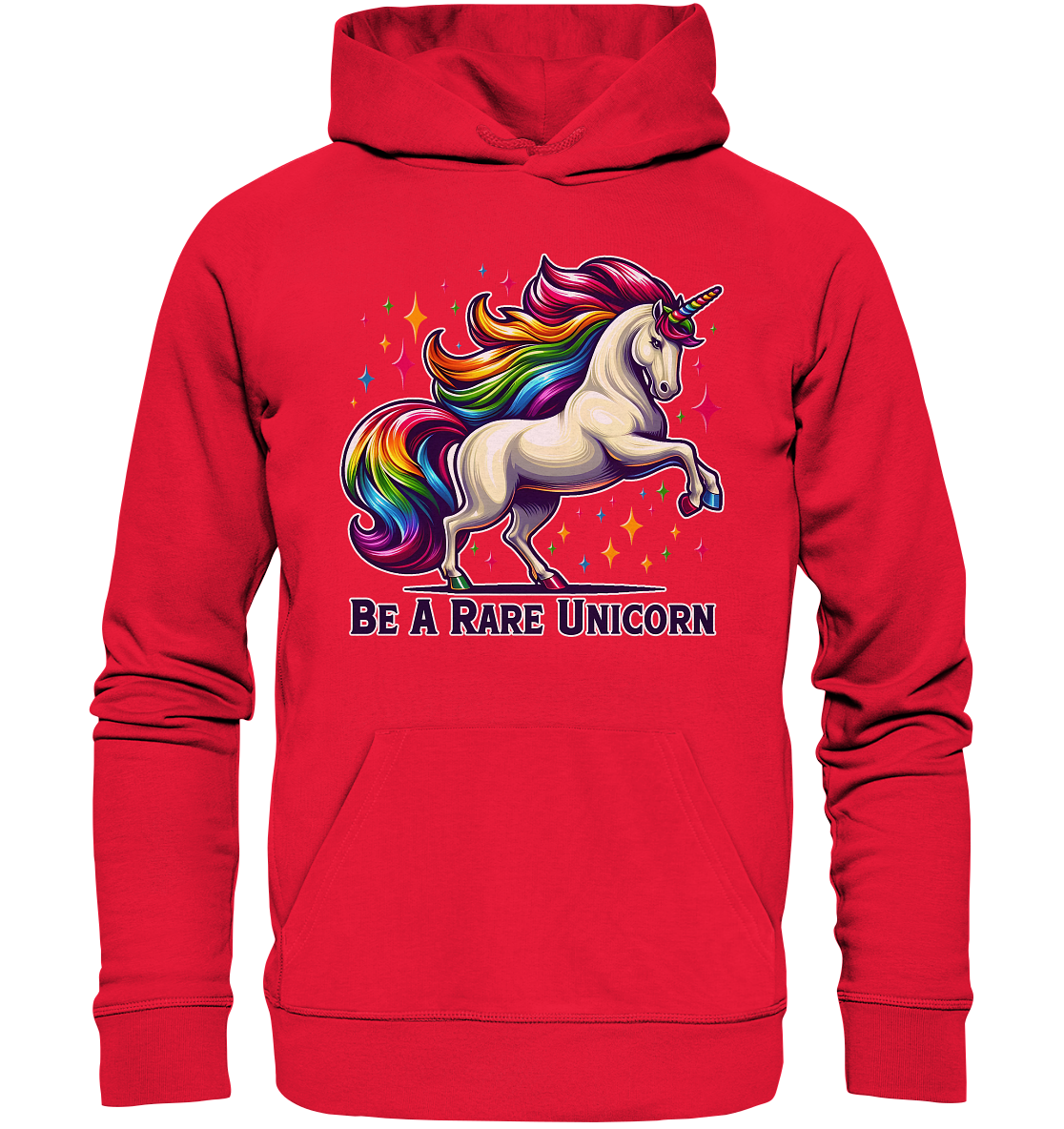 Premium unisex hoodie with majestic white unicorn and rainbow mane design, featuring "Be A Rare Unicorn" text.