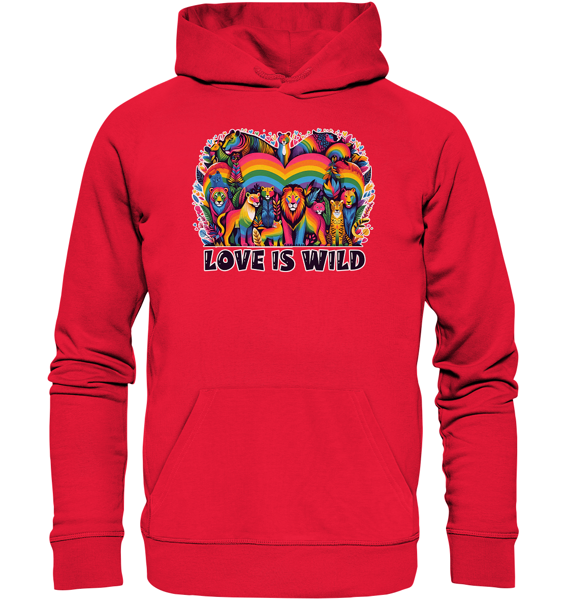 Red unisex hoodie featuring colorful wild animals within a rainbow heart design, symbolizing love and diversity.