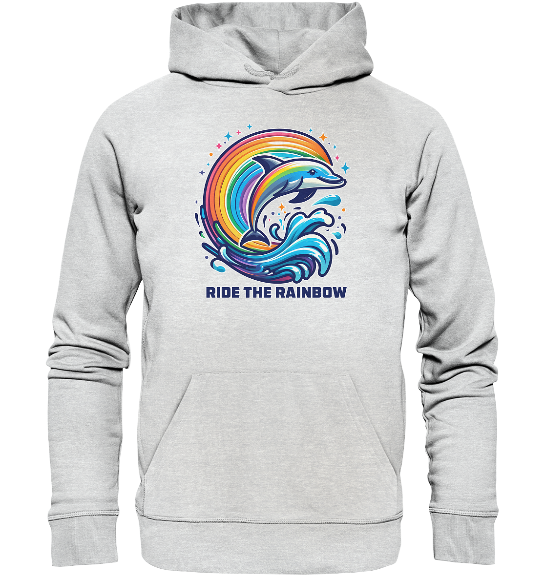 Colorful dolphin in rainbow waves on unisex hoodie.