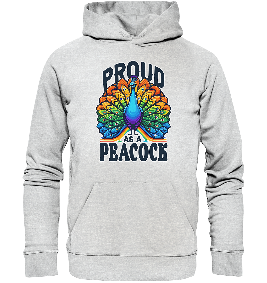 Premium unisex hoodie featuring a rainbow-colored peacock with "Proud as a Peacock" text, symbolizing pride and individuality.