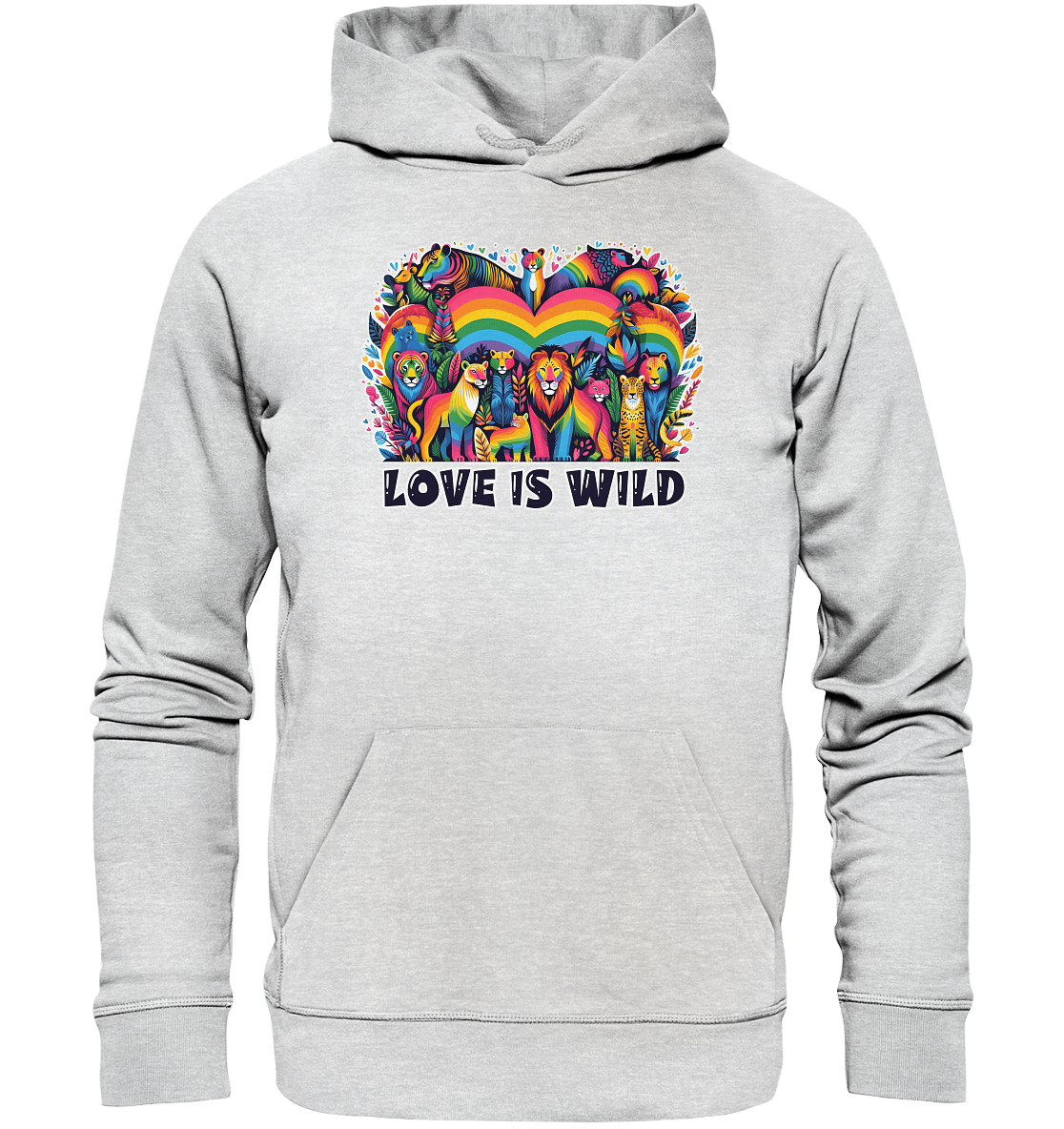 Premium unisex hoodie with vibrant wild animal design and rainbow heart, showcasing "Love Is Wild" theme.