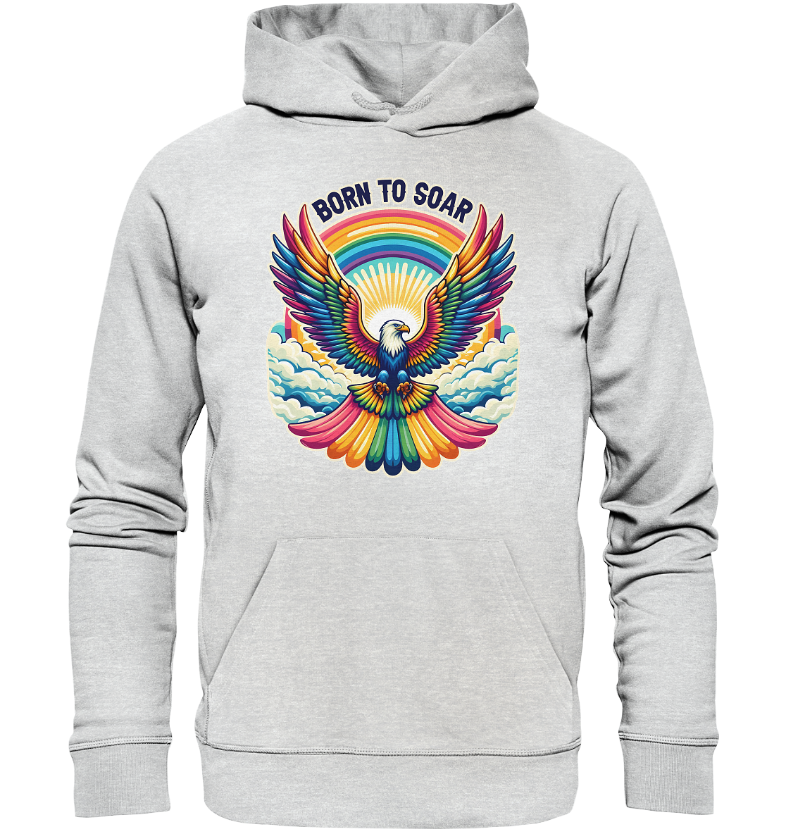 Premium unisex hoodie featuring a majestic eagle with vibrant rainbow wings, set against a sunrise and rainbow, symbolizing freedom and strength.