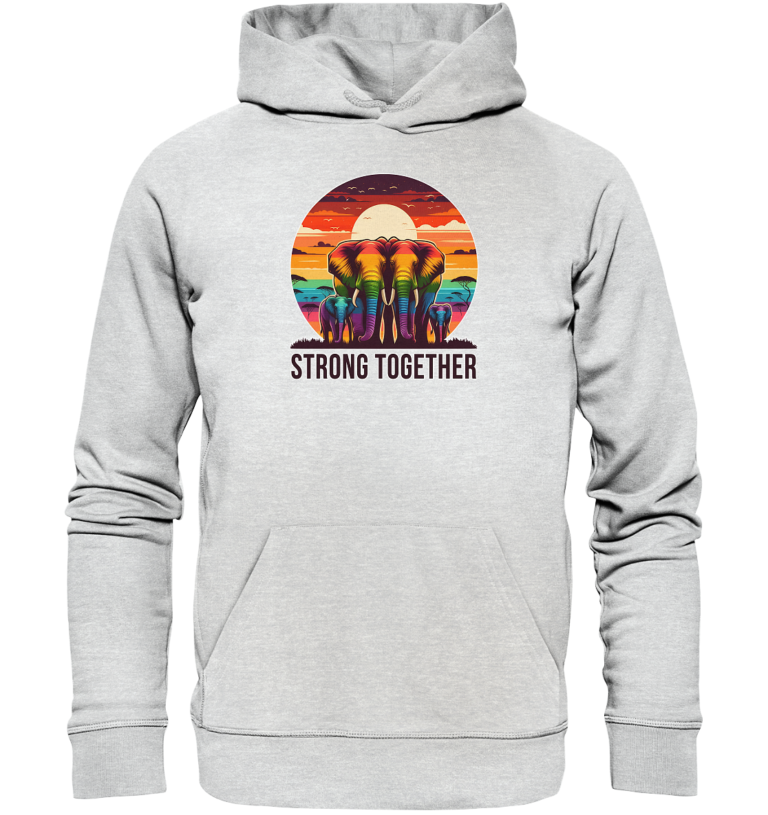 Colorful rainbow elephant hoodie with "Strong Together" slogan, symbolizing unity and diversity.
