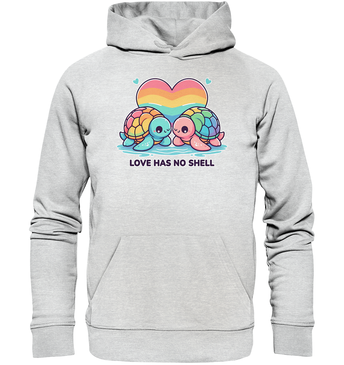 Premium unisex hoodie featuring rainbow turtles with a heart, promoting love and diversity, "Love Has No Shell".