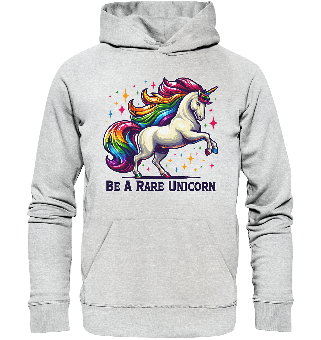 Premium unisex hoodie with a white unicorn and rainbow mane design titled "Be A Rare Unicorn".