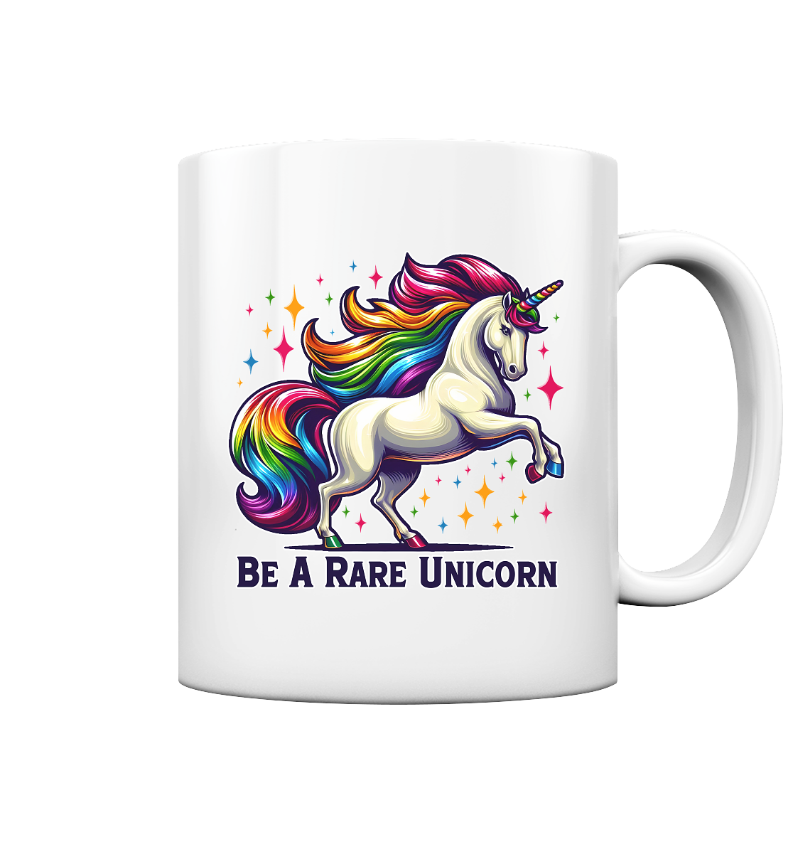 Glossy white mug with "Be A Rare Unicorn" design featuring a rainbow-maned unicorn and sparkling stars.