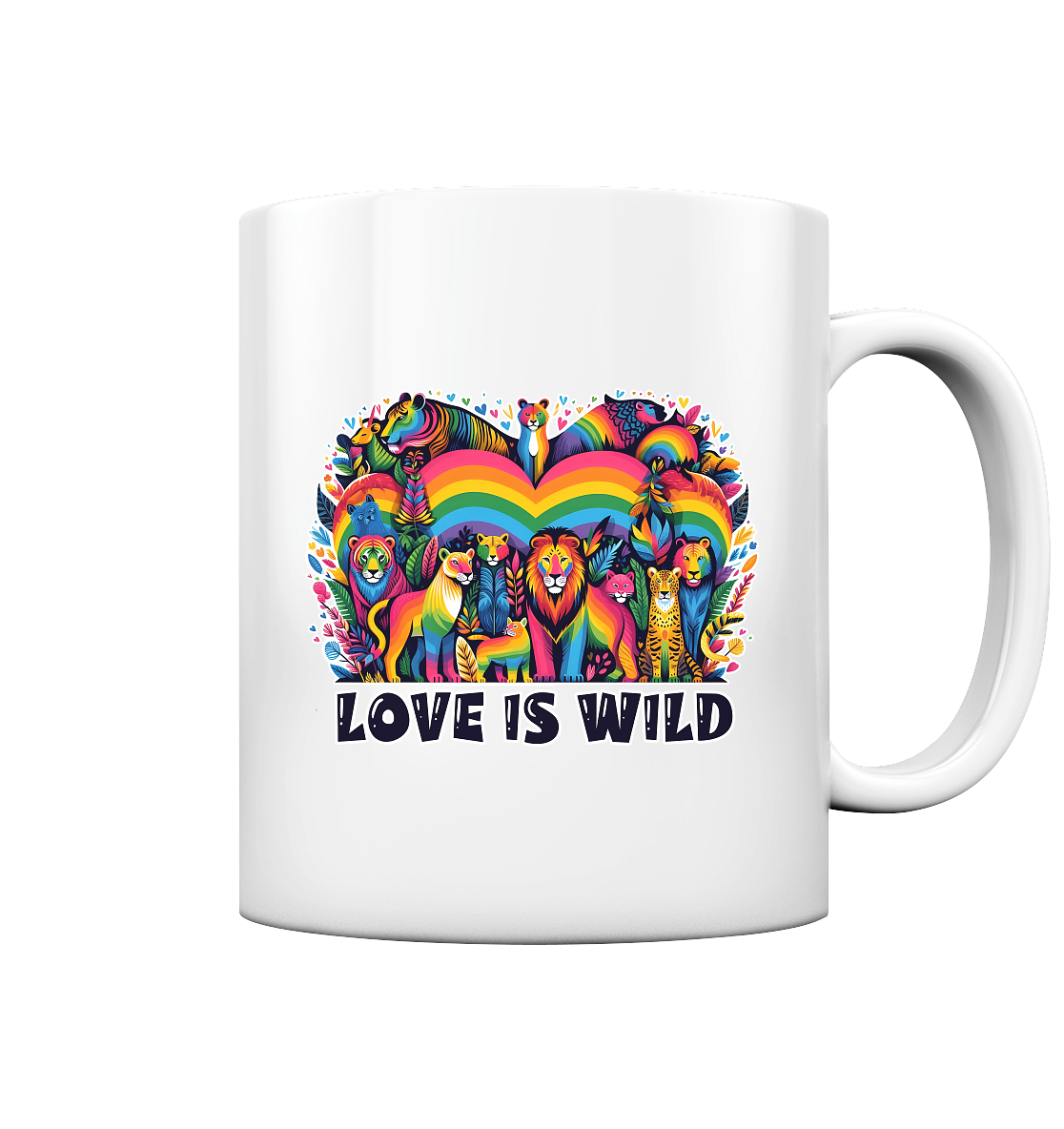 Glossy mug featuring vibrant rainbow heart and wild animals, symbolizing diverse love and freedom.