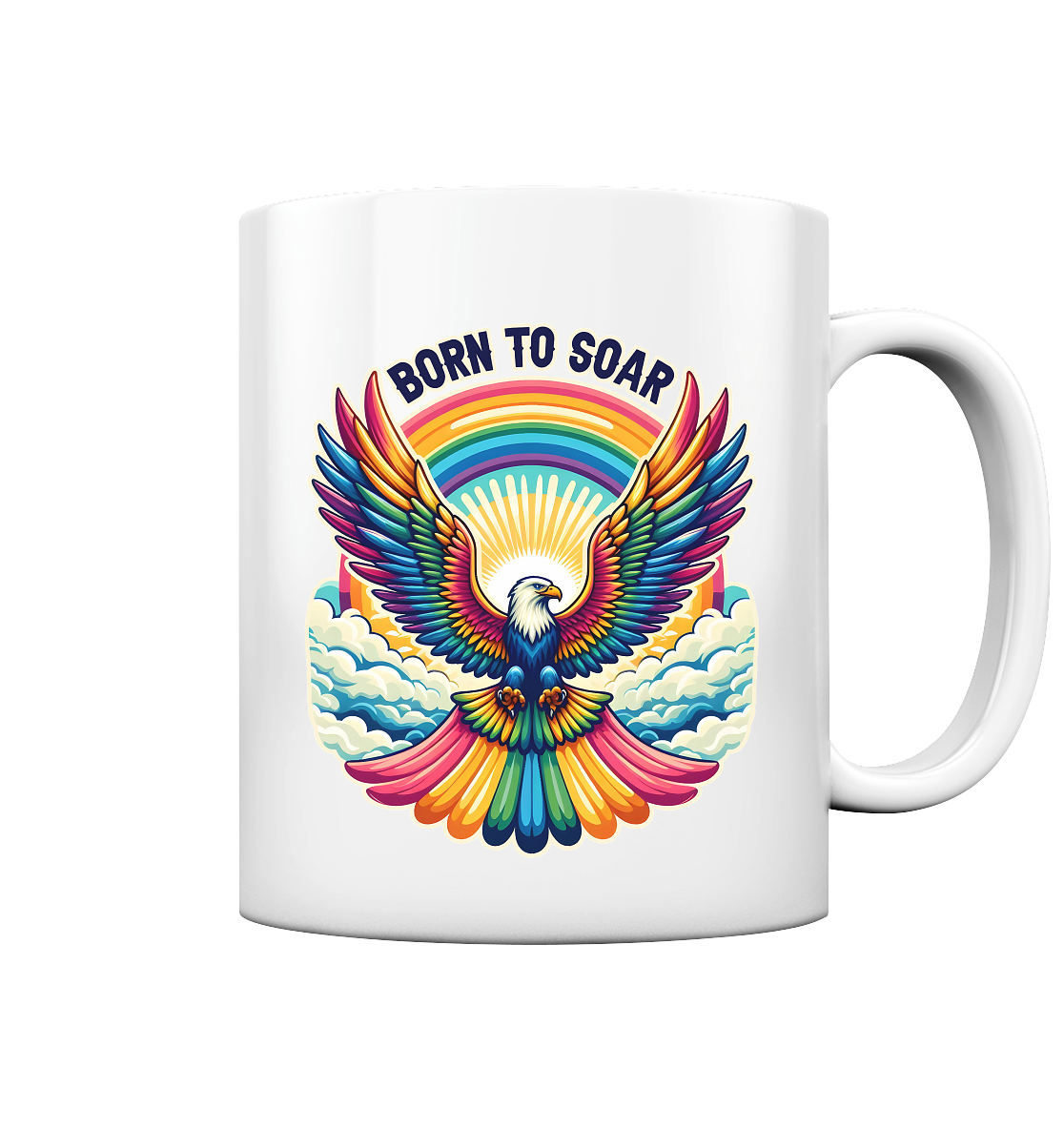 Born to Soar mug with vibrant rainbow-winged eagle and sunrise background.