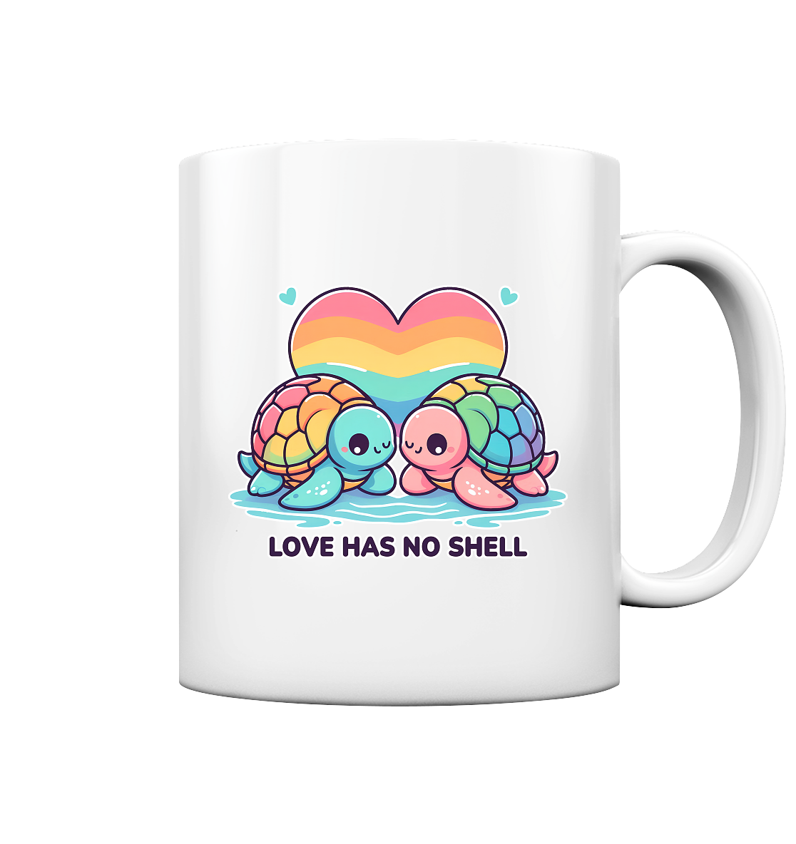 Rainbow turtle mug with "Love Has No Shell" message and heart background.