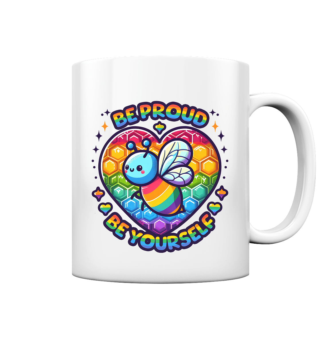 Colorful glossy mug with rainbow bee design, promoting pride and individuality.