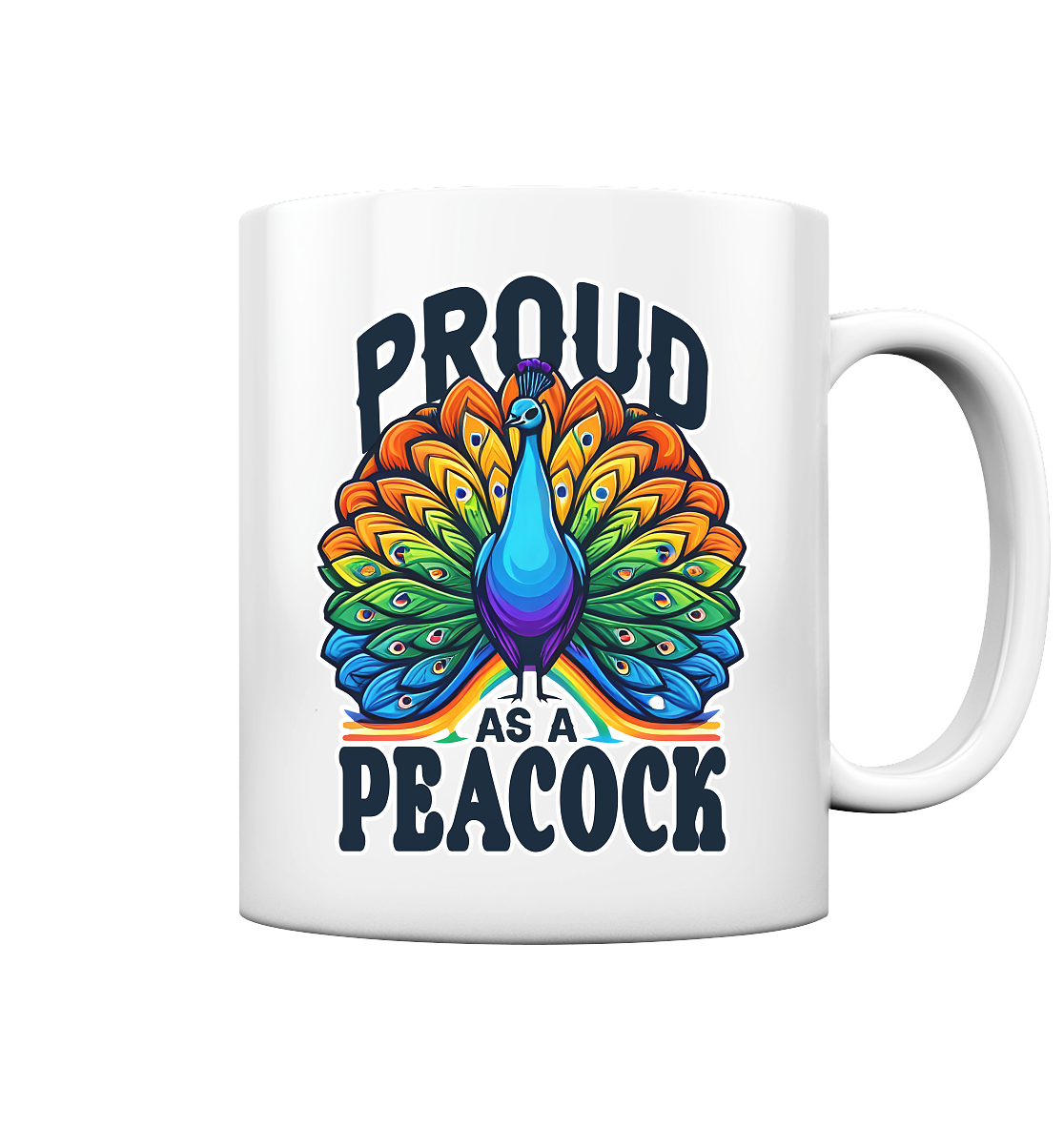 Rainbow peacock mug with "Proud as a Peacock" design, glossy finish.