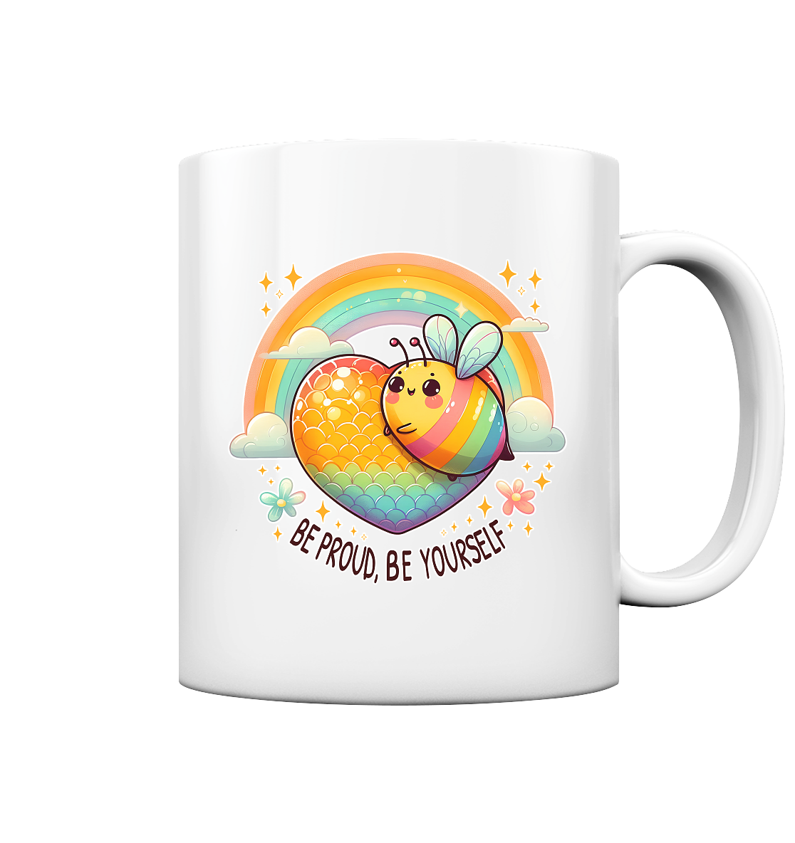 Fröhliche Regenbogen-Biene Tasse mit glänzender Oberfläche und farbenfrohem Pride-Design.