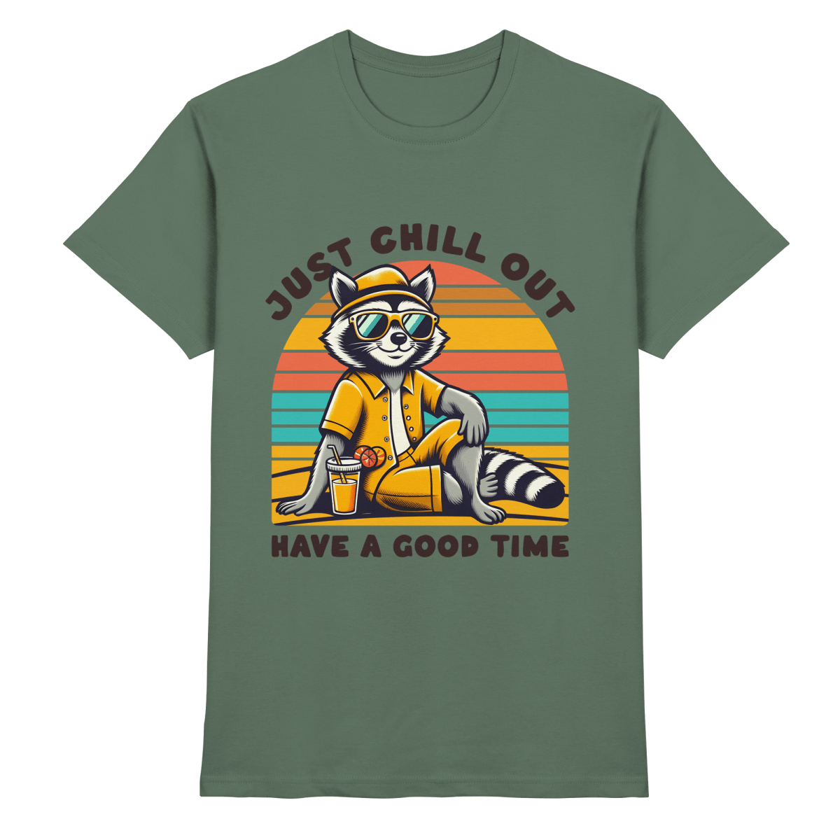 Just Chill Out – Cooler Waschbär mit Sonnenbrille und Drink: Have a Good Time - Heavy Cotton T-Shirt - FaunaFeels Onlineshop Unisex - Shirts