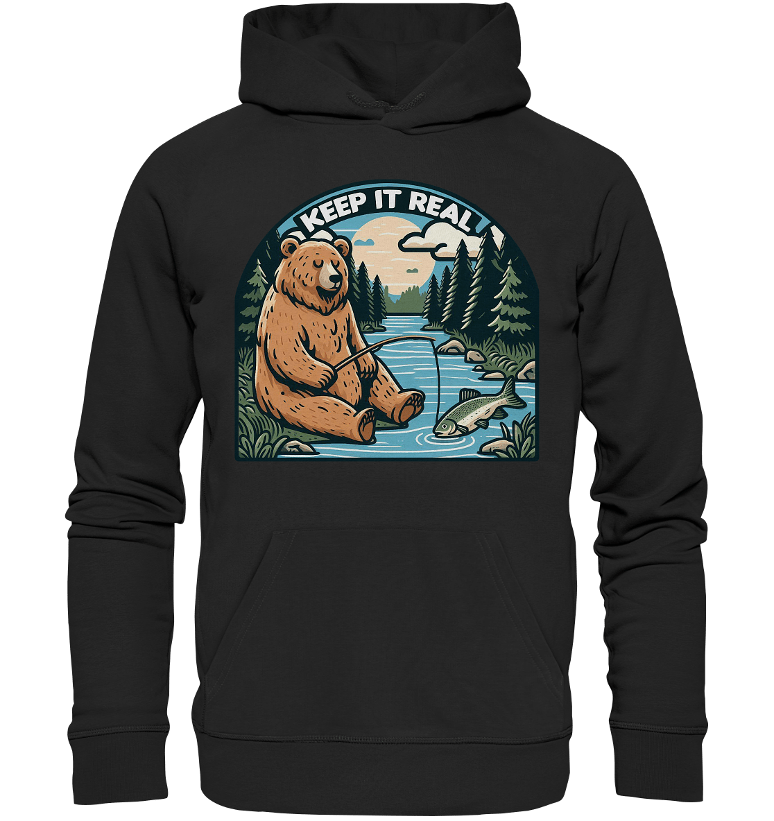 Keep it Real – Entspannter Bär beim Angeln - Premium Unisex Hoodie - FaunaFeels Onlineshop Hoodies