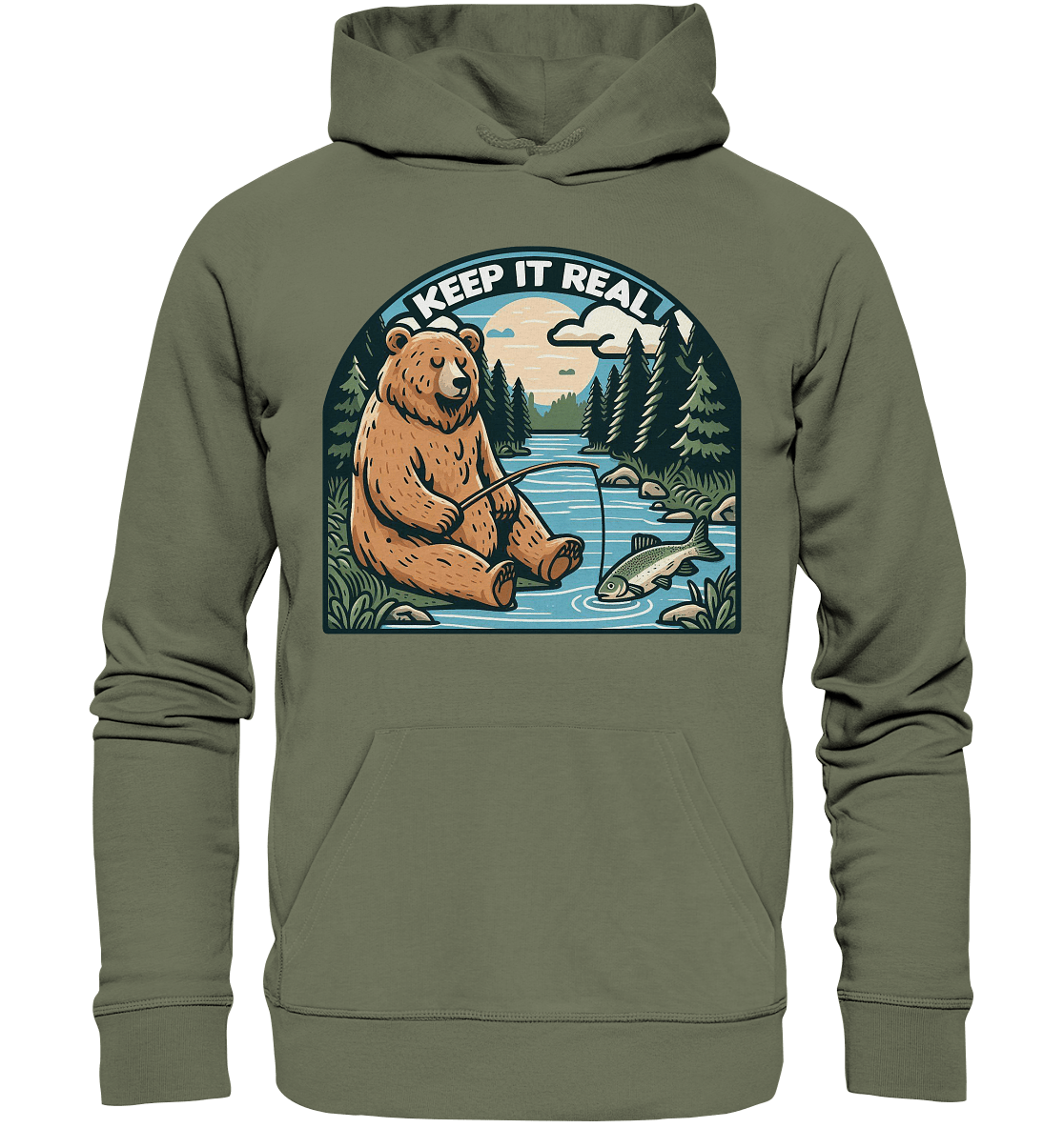 Keep it Real – Entspannter Bär beim Angeln - Premium Unisex Hoodie - FaunaFeels Onlineshop Hoodies