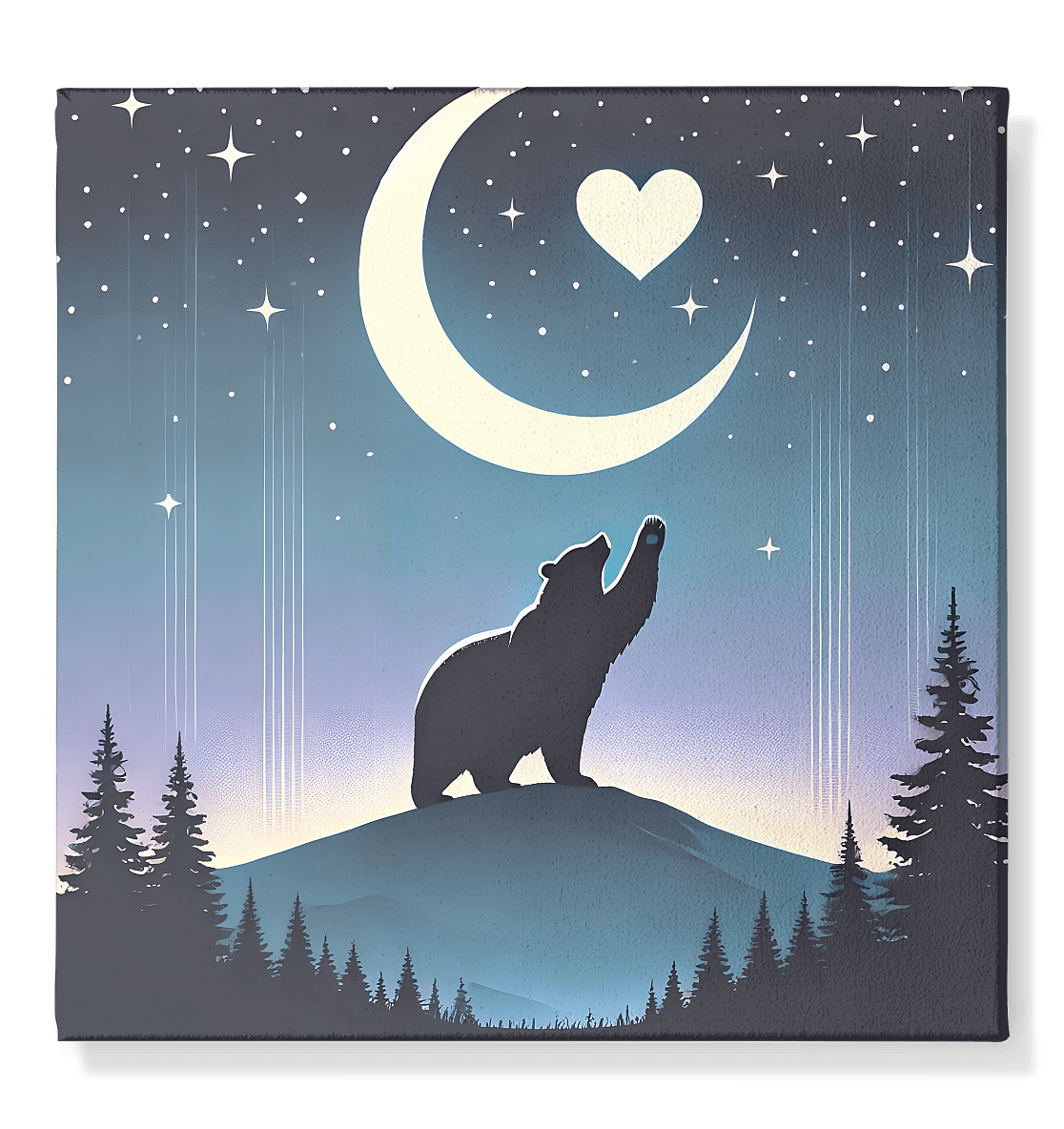 Mondlicht Liebe - Bär unter Sternenhimmel im mystischen Nadelwald - Leinwand 50x50cm - FaunaFeels Onlineshop Wall Art
