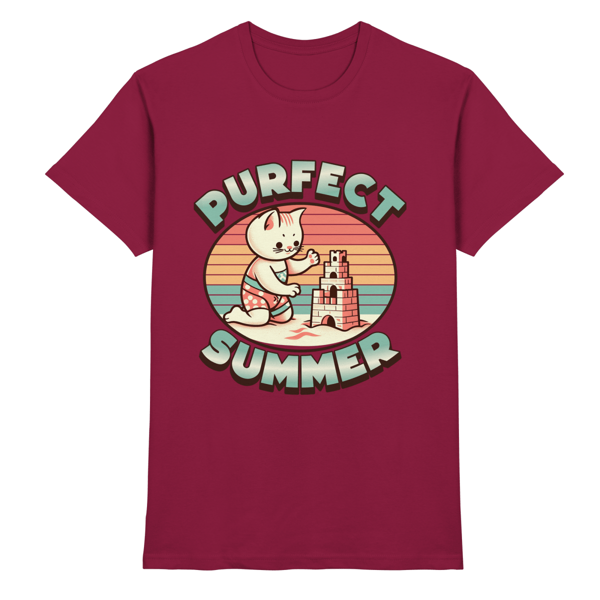 Purfect Summer – Niedliches Katzenmotiv mit Sandburg und Retro - Sommerfeeling - Heavy Cotton T-Shirt - FaunaFeels Onlineshop Unisex - Shirts