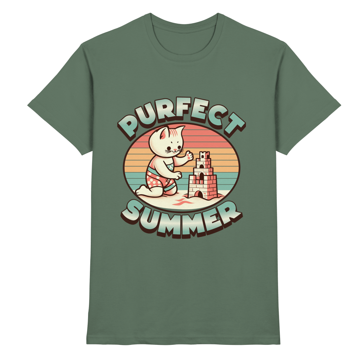 Purfect Summer – Niedliches Katzenmotiv mit Sandburg und Retro - Sommerfeeling - Heavy Cotton T-Shirt - FaunaFeels Onlineshop Unisex - Shirts