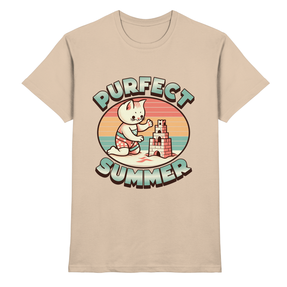 Purfect Summer – Niedliches Katzenmotiv mit Sandburg und Retro - Sommerfeeling - Heavy Cotton T-Shirt - FaunaFeels Onlineshop Unisex - Shirts