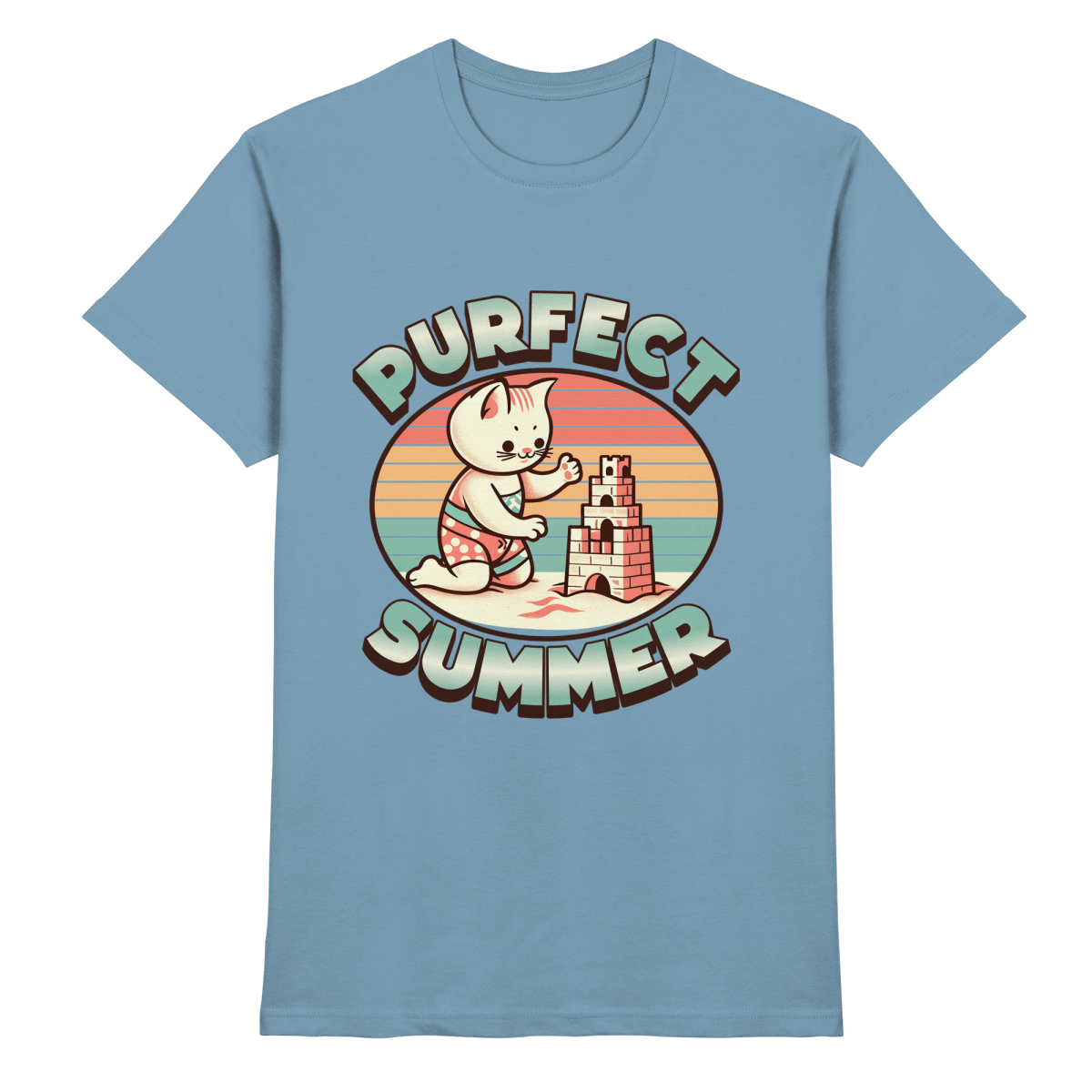Purfect Summer – Niedliches Katzenmotiv mit Sandburg und Retro - Sommerfeeling - Heavy Cotton T-Shirt - FaunaFeels Onlineshop Unisex - Shirts
