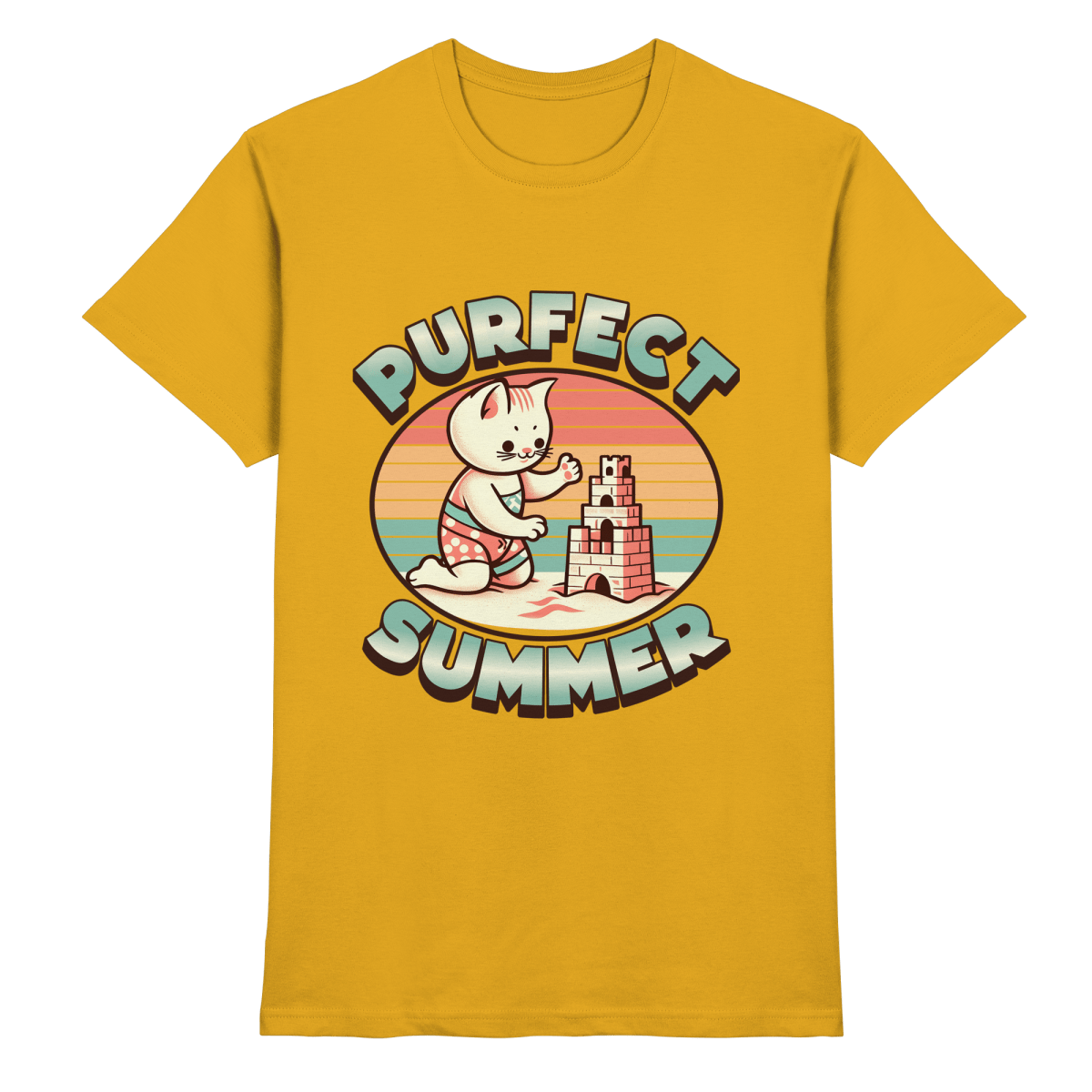 Purfect Summer – Niedliches Katzenmotiv mit Sandburg und Retro - Sommerfeeling - Heavy Cotton T-Shirt - FaunaFeels Onlineshop Unisex - Shirts