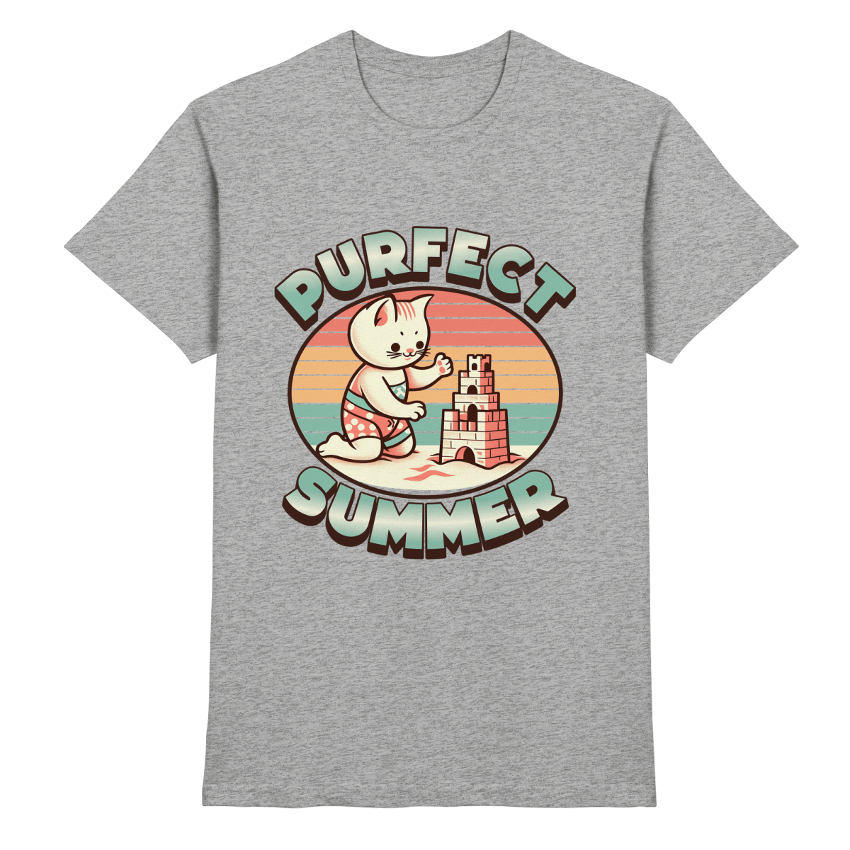 Purfect Summer – Niedliches Katzenmotiv mit Sandburg und Retro - Sommerfeeling - Heavy Cotton T-Shirt - FaunaFeels Onlineshop Unisex - Shirts