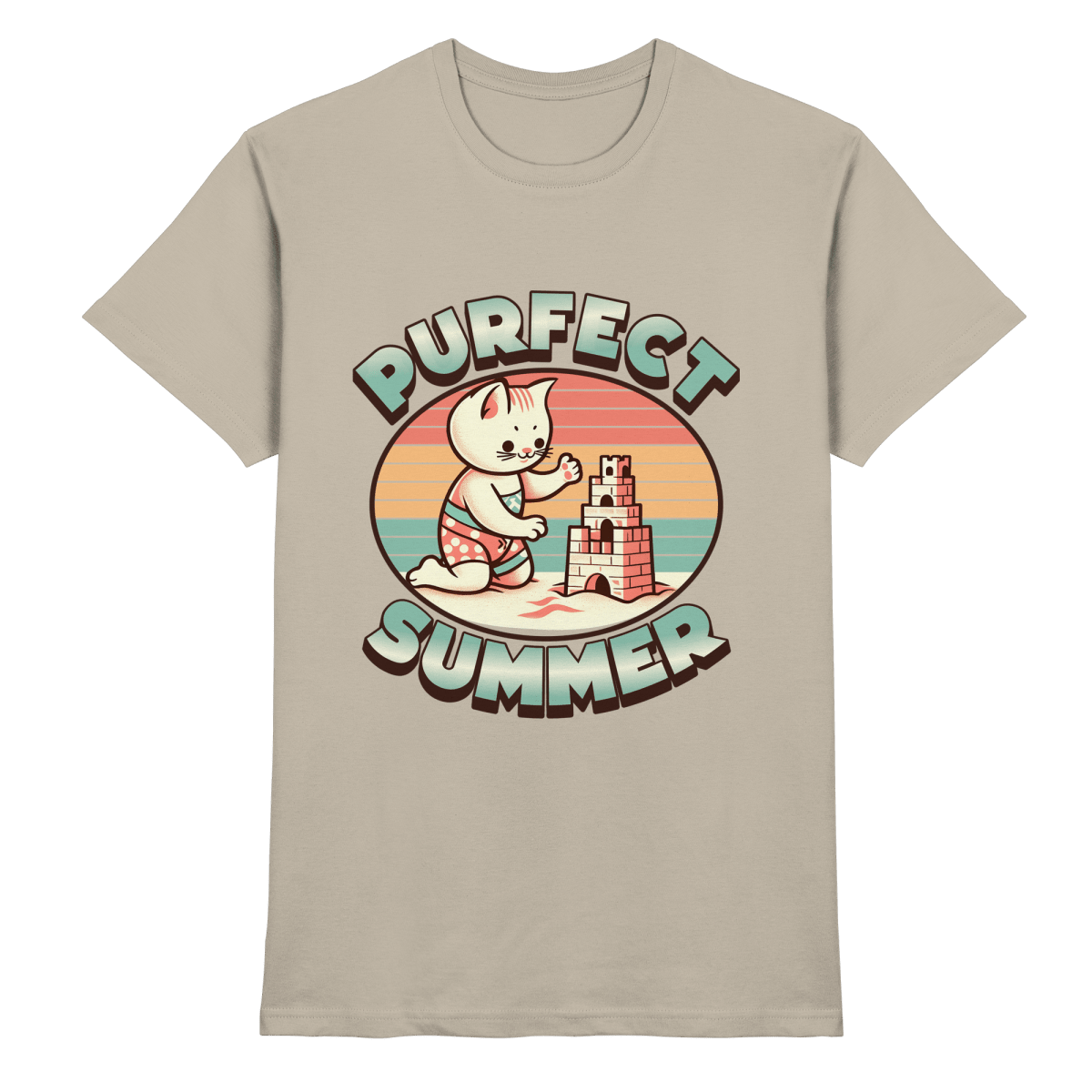 Purfect Summer – Niedliches Katzenmotiv mit Sandburg und Retro - Sommerfeeling - Heavy Cotton T-Shirt - FaunaFeels Onlineshop Unisex - Shirts