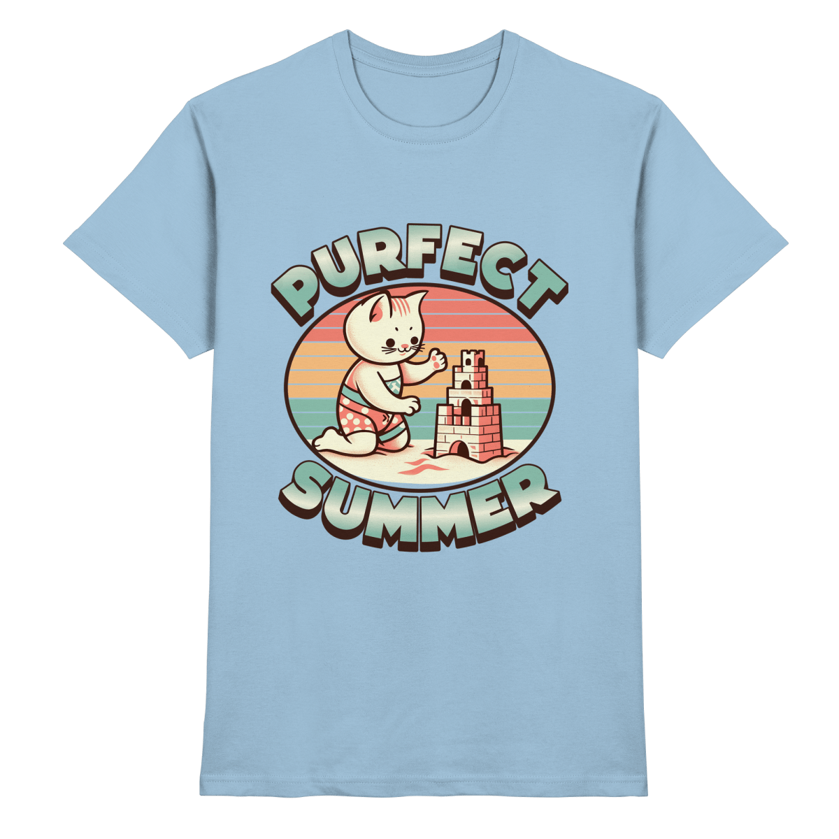Purfect Summer – Niedliches Katzenmotiv mit Sandburg und Retro - Sommerfeeling - Heavy Cotton T-Shirt - FaunaFeels Onlineshop Unisex - Shirts