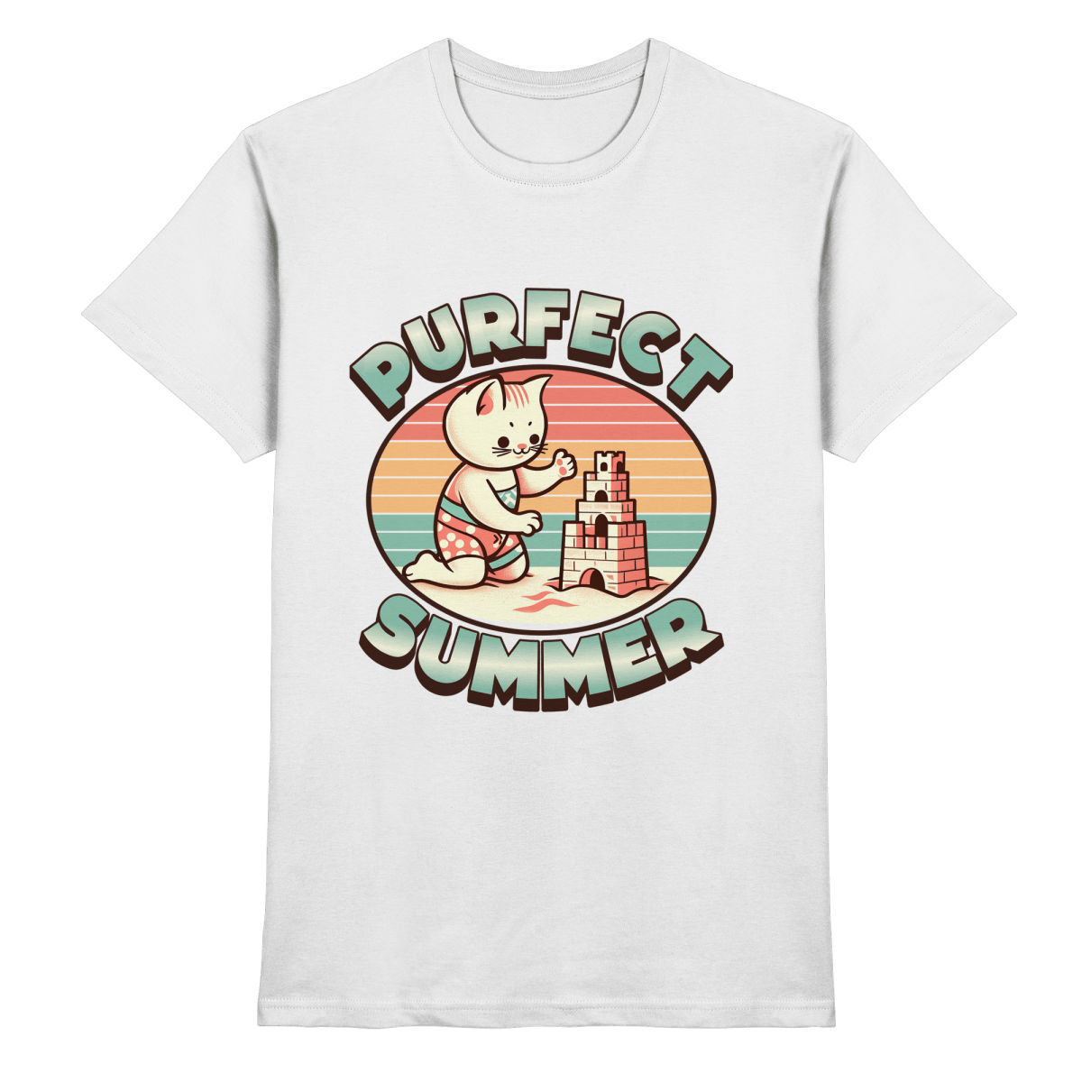 Purfect Summer – Niedliches Katzenmotiv mit Sandburg und Retro - Sommerfeeling - Heavy Cotton T-Shirt - FaunaFeels Onlineshop Unisex - Shirts