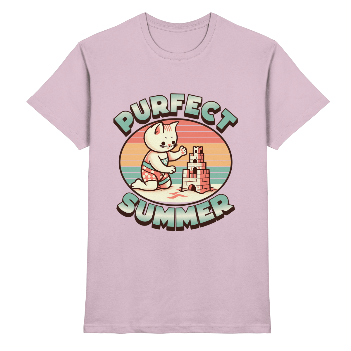 Purfect Summer – Niedliches Katzenmotiv mit Sandburg und Retro - Sommerfeeling - Heavy Cotton T-Shirt - FaunaFeels Onlineshop Unisex - Shirts