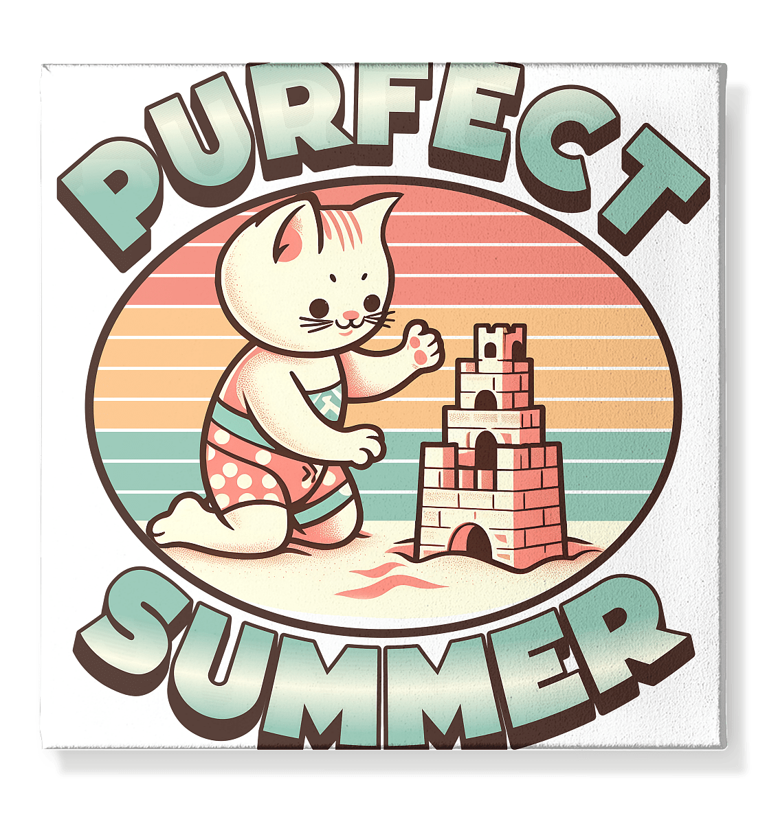 Purfect Summer – Niedliches Katzenmotiv mit Sandburg und Retro - Sommerfeeling - Leinwand 50x50cm - FaunaFeels Onlineshop Wall Art