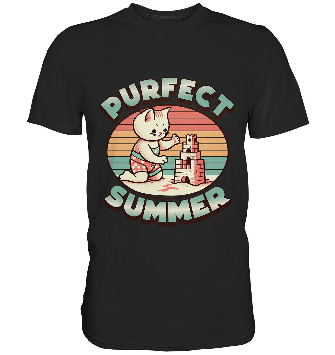 Purfect Summer – Niedliches Katzenmotiv mit Sandburg und Retro - Sommerfeeling - Premium Shirt - FaunaFeels Onlineshop Unisex - Shirts