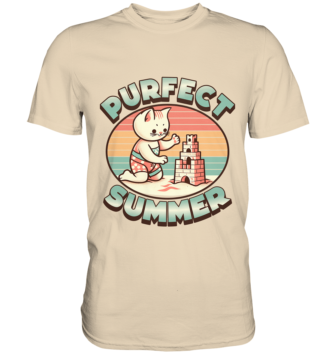 Purfect Summer – Niedliches Katzenmotiv mit Sandburg und Retro - Sommerfeeling - Premium Shirt - FaunaFeels Onlineshop Unisex - Shirts