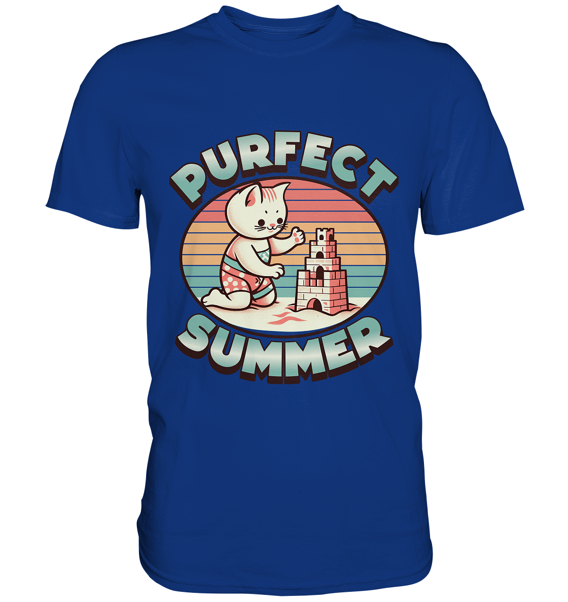 Purfect Summer – Niedliches Katzenmotiv mit Sandburg und Retro - Sommerfeeling - Premium Shirt - FaunaFeels Onlineshop Unisex - Shirts