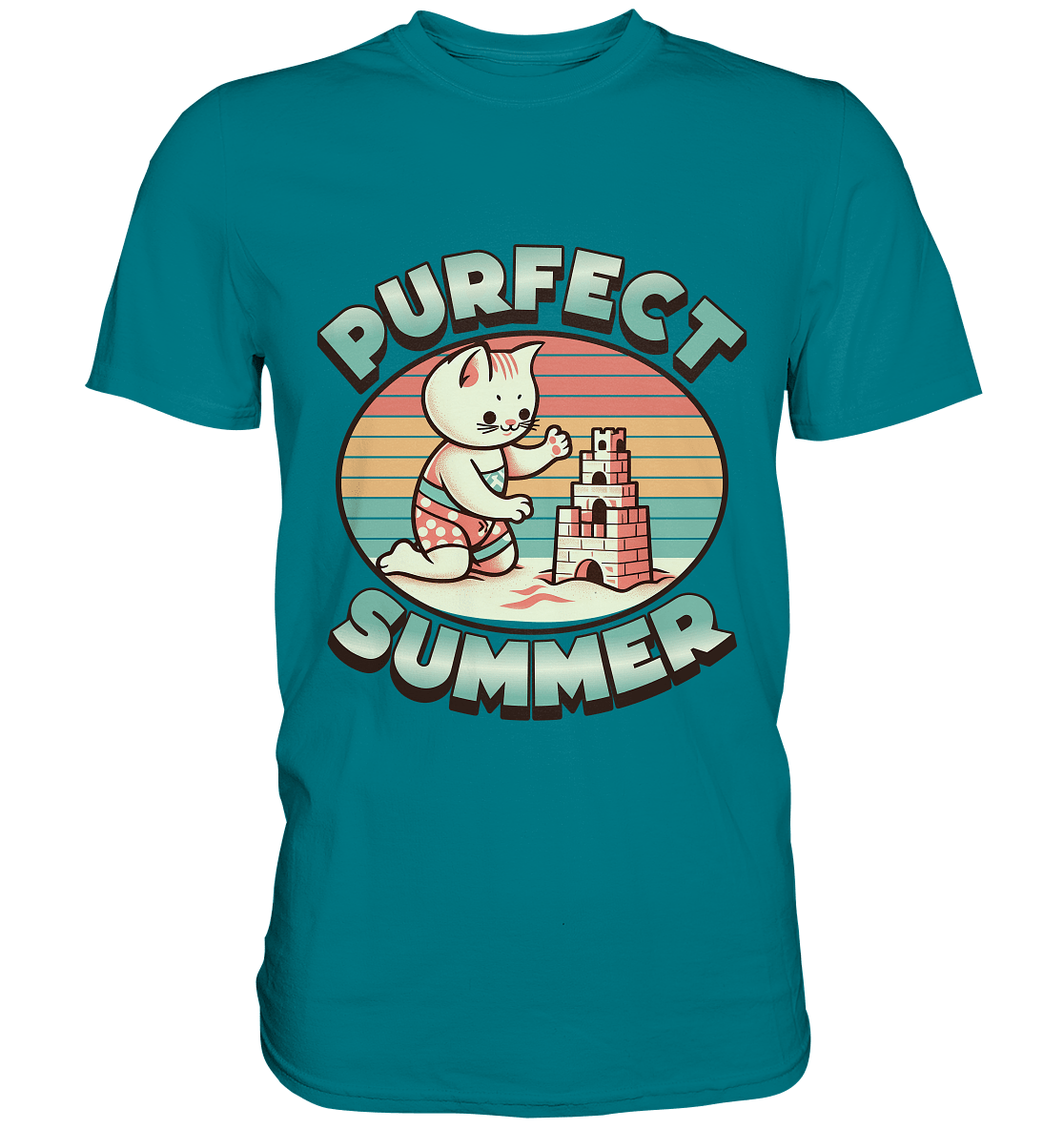 Purfect Summer – Niedliches Katzenmotiv mit Sandburg und Retro - Sommerfeeling - Premium Shirt - FaunaFeels Onlineshop Unisex - Shirts