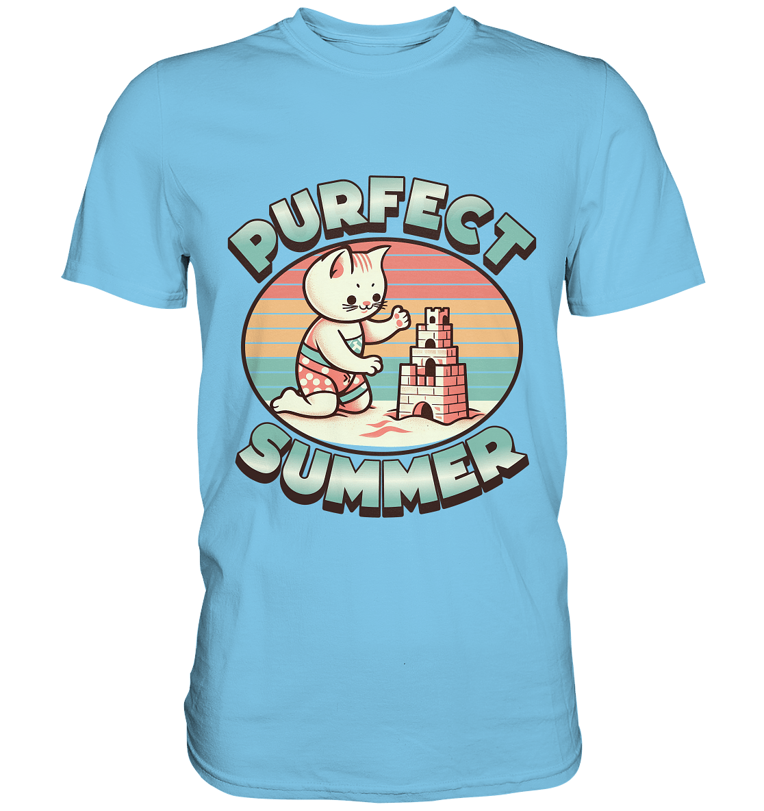 Purfect Summer – Niedliches Katzenmotiv mit Sandburg und Retro - Sommerfeeling - Premium Shirt - FaunaFeels Onlineshop Unisex - Shirts