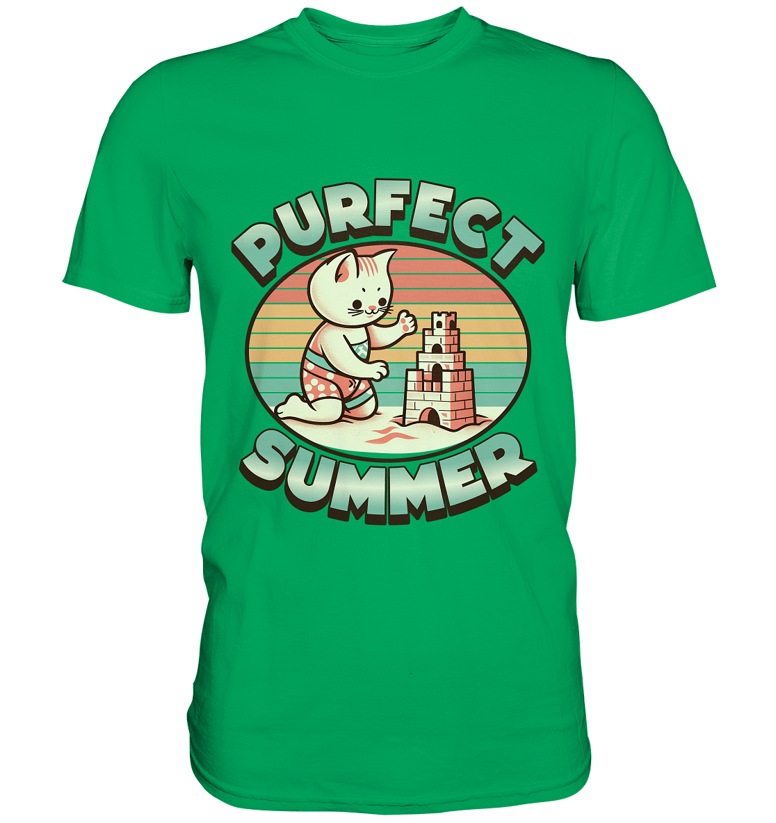Purfect Summer – Niedliches Katzenmotiv mit Sandburg und Retro - Sommerfeeling - Premium Shirt - FaunaFeels Onlineshop Unisex - Shirts