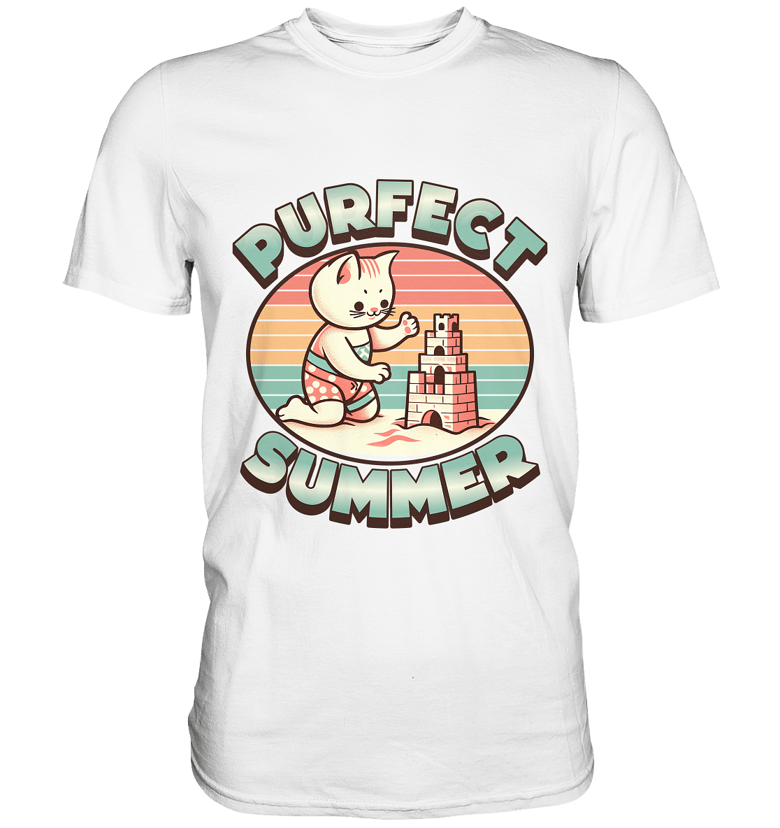 Purfect Summer – Niedliches Katzenmotiv mit Sandburg und Retro - Sommerfeeling - Premium Shirt - FaunaFeels Onlineshop Unisex - Shirts