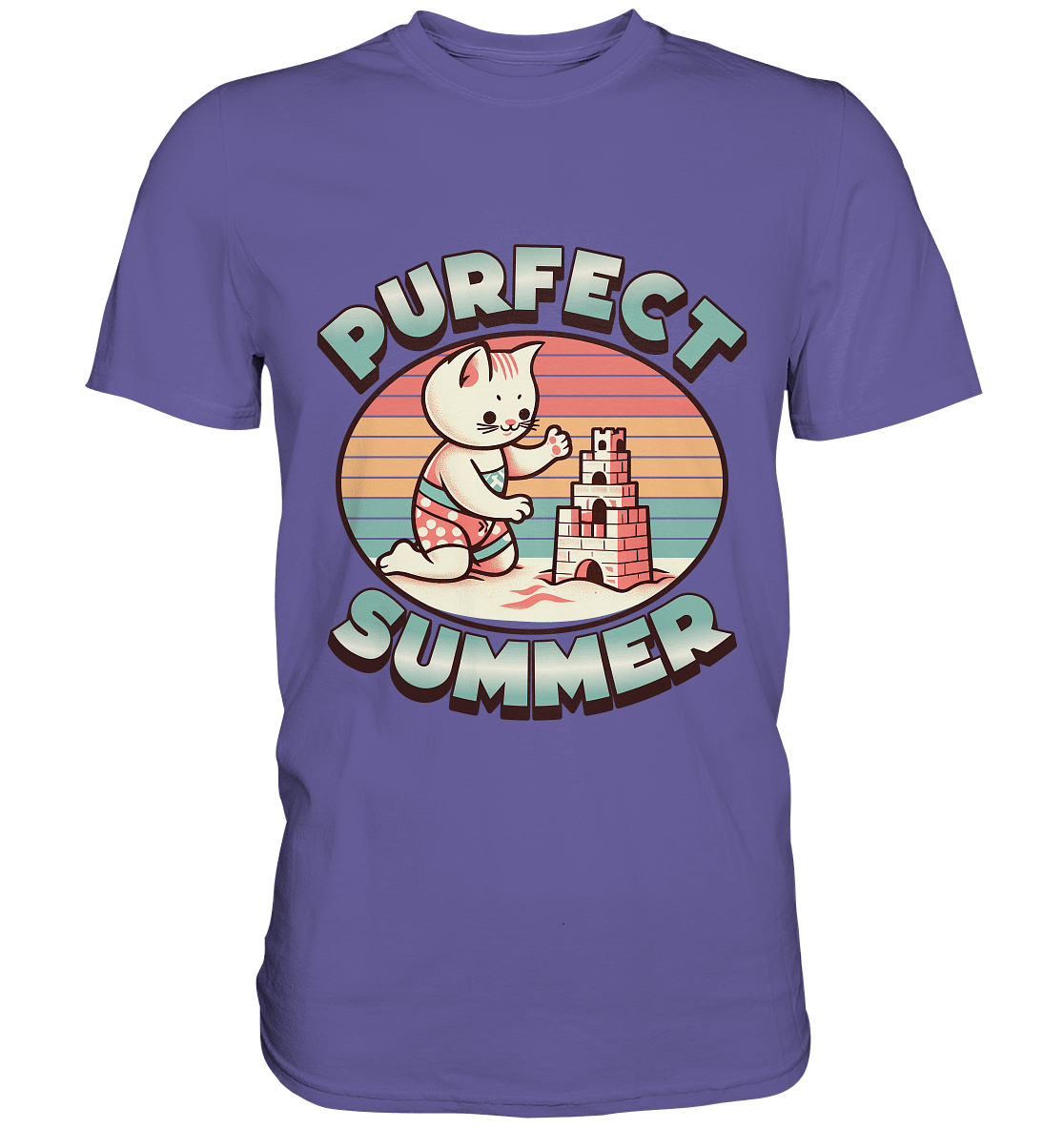 Purfect Summer – Niedliches Katzenmotiv mit Sandburg und Retro - Sommerfeeling - Premium Shirt - FaunaFeels Onlineshop Unisex - Shirts
