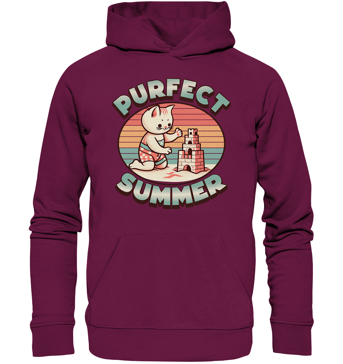 Purfect Summer – Niedliches Katzenmotiv mit Sandburg und Retro - Sommerfeeling - Premium Unisex Hoodie - FaunaFeels Onlineshop Hoodies