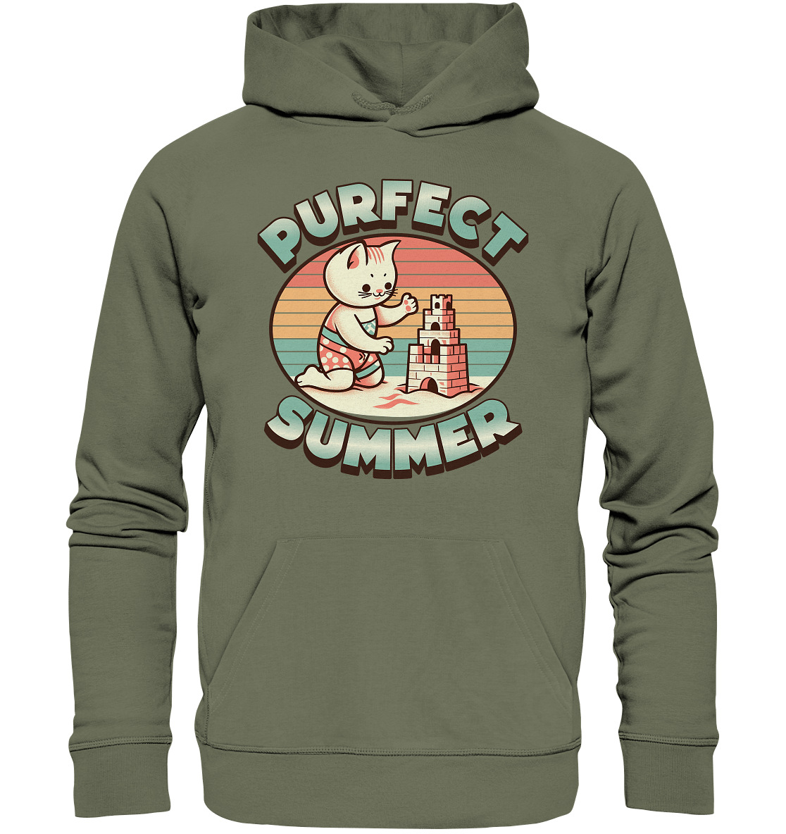 Purfect Summer – Niedliches Katzenmotiv mit Sandburg und Retro - Sommerfeeling - Premium Unisex Hoodie - FaunaFeels Onlineshop Hoodies